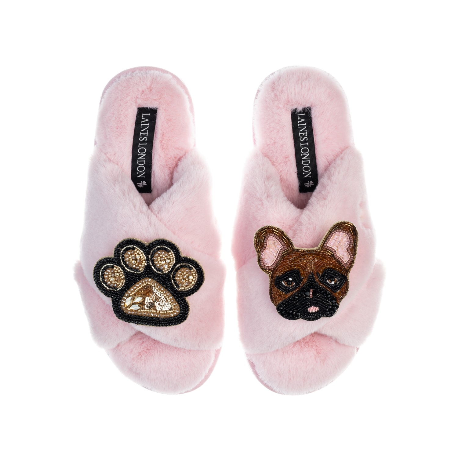 Laines London Women's Pink / Purple Classic Laines Slippers With Cookie The Frenchie & Paw Brooches - Pink