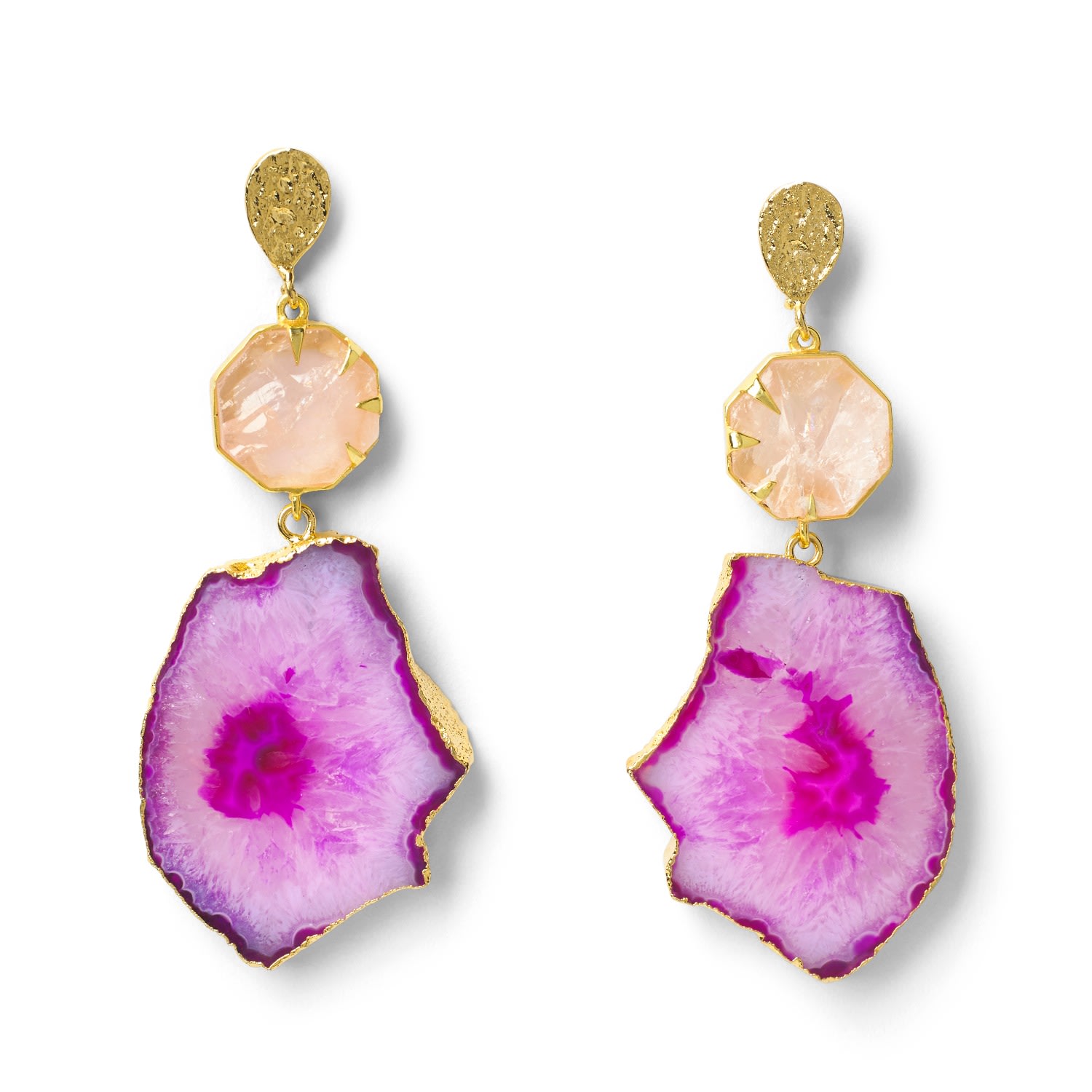 Yaa Yaa London Women's 'hold On' Rose Quartz Pink Agate Gemstone Gold Statement Earrings In Pink