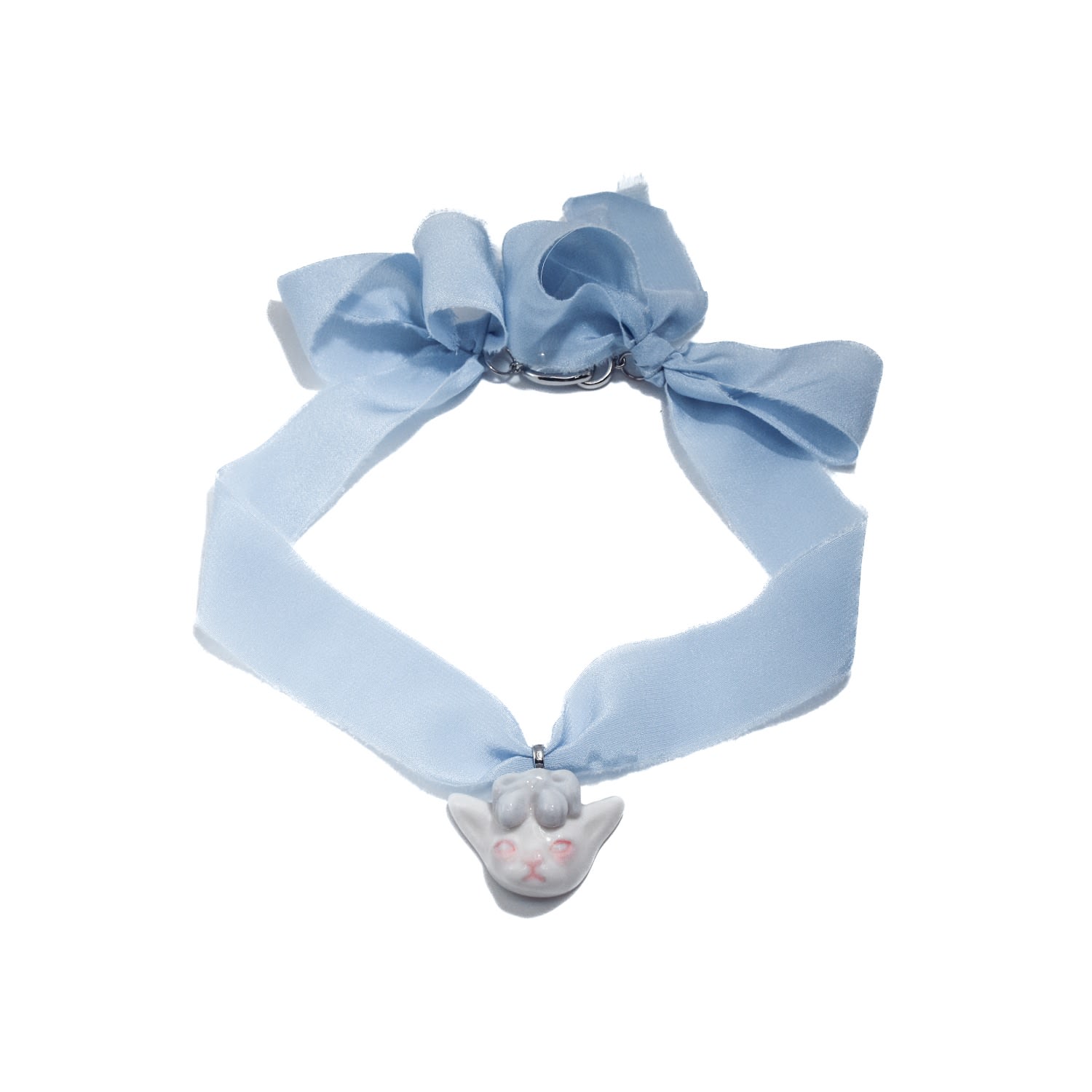 H2 Studio Women's White / Blue Angry Puss Baby Blue Silk Necklace Bowtie Cat