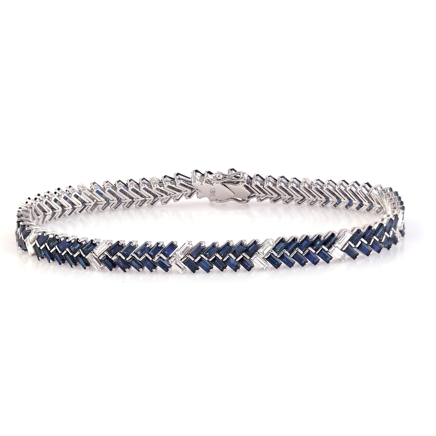 Women’s White / Blue Beautiful Baguette Blue Sapphire & Diamond In 18K White Gold Fixed And Flexible Bracelet Artisan