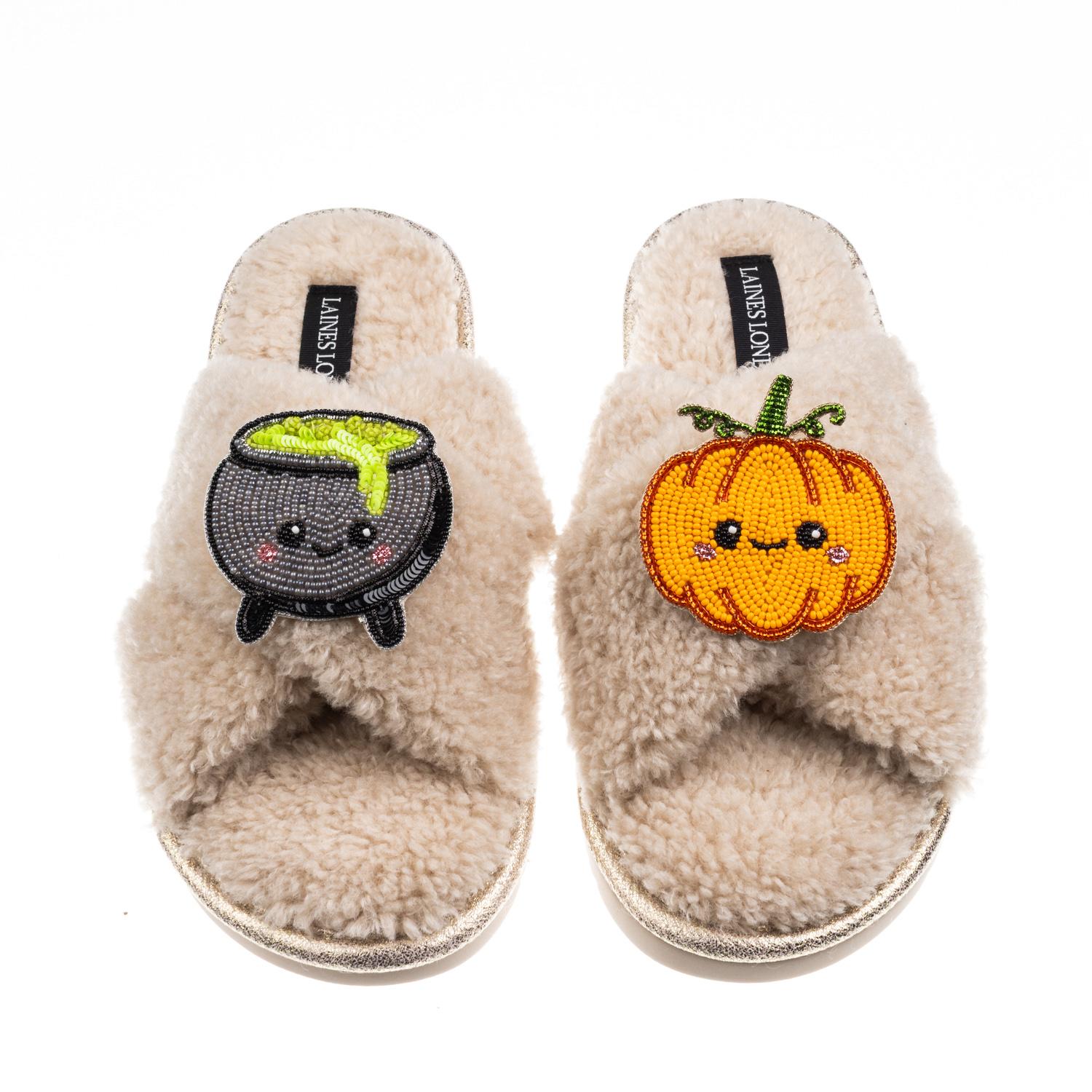 Laines London Women's Neutrals / Brown Boucle Slippers With Limited Edition Laines Loveables Pumpkin & Cauldron Ha In Brown