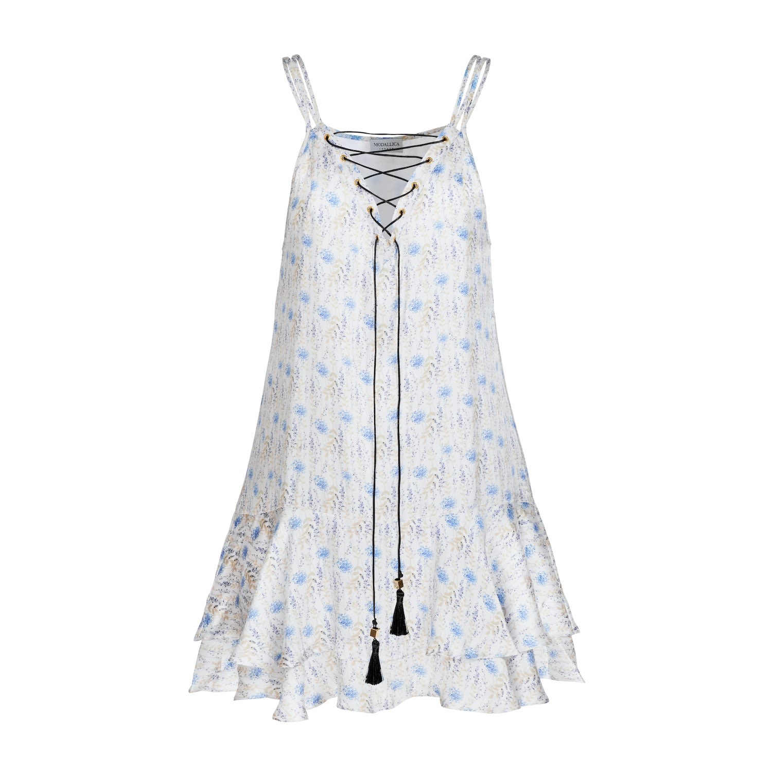Modallica Women's White / Blue Bella - White Printed Organic Peace Silk Mini Dress With Blue Flowers In White/blue