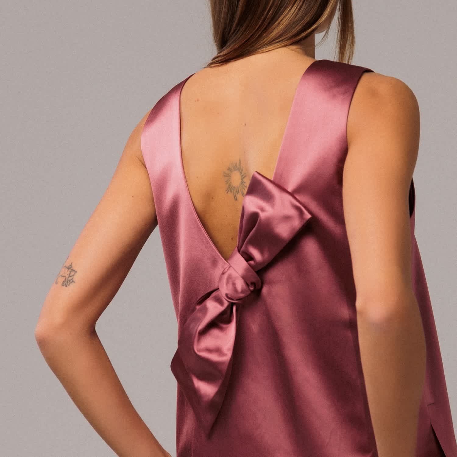 Marsala Satin Mini Dress With Open Back, Decorative Bow | Langner | Wolf &  Badger