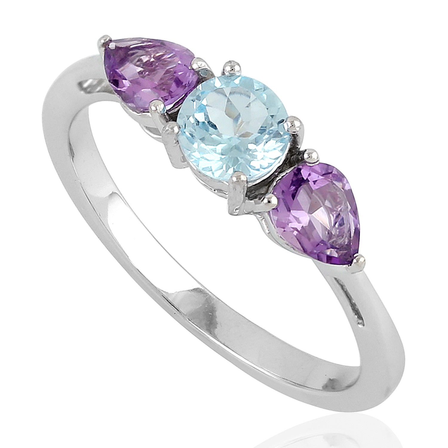 Women’s Blue / White / Pink Pear Amethyst & Blue Topaz Gemstone In 925 Sterling Silver Band Ring Artisan