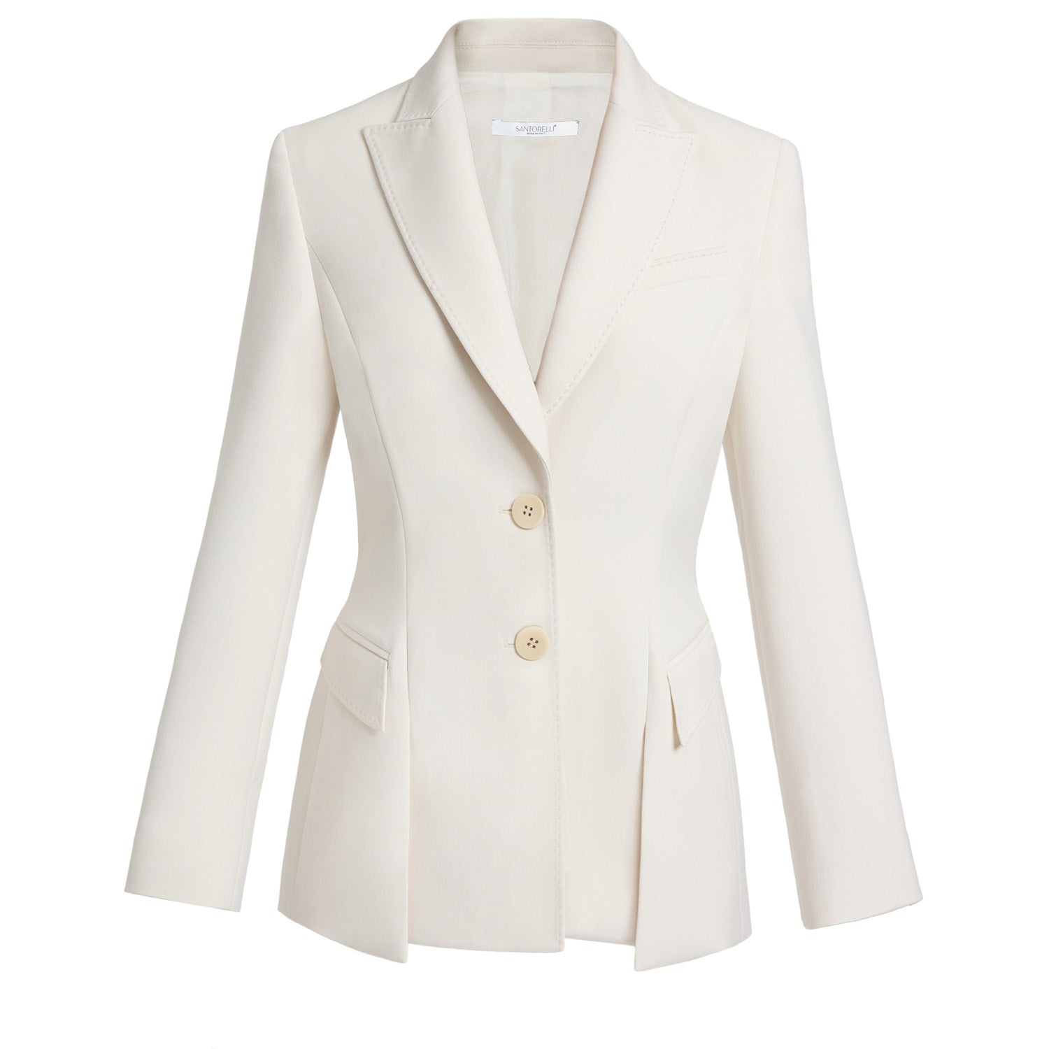 Santorelli Mimi Soft Stretch Crepe Double Button Open Flap Jacket In White