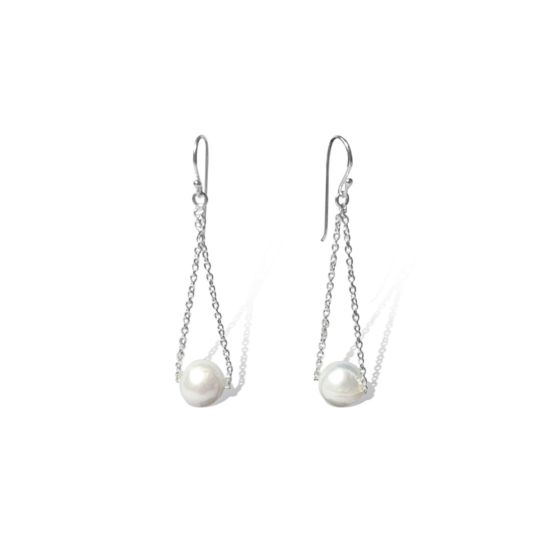 Women’s Silver Perle Double Chain Fresh Water Pearl Earrings Fv Jewellery