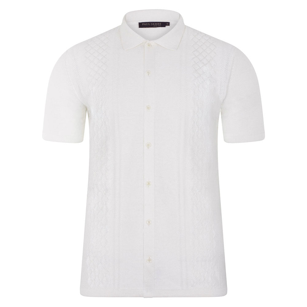 Paul James Knitwear Mens Lightweight Dante Cotton Linen Patterned Shirt - White In White