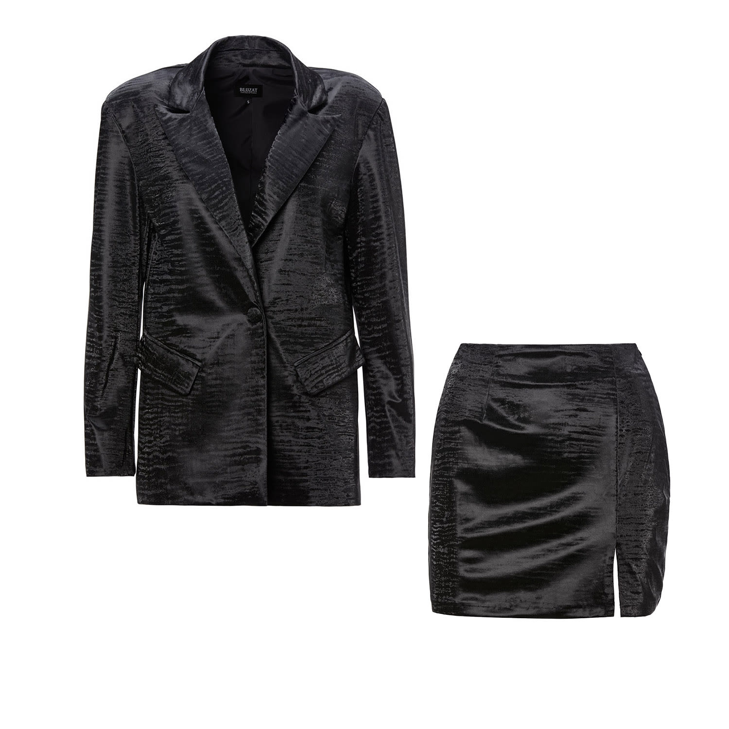 Bluzat Printed Black Leather Suit With Regular Blazer And Mini Skirt In Black