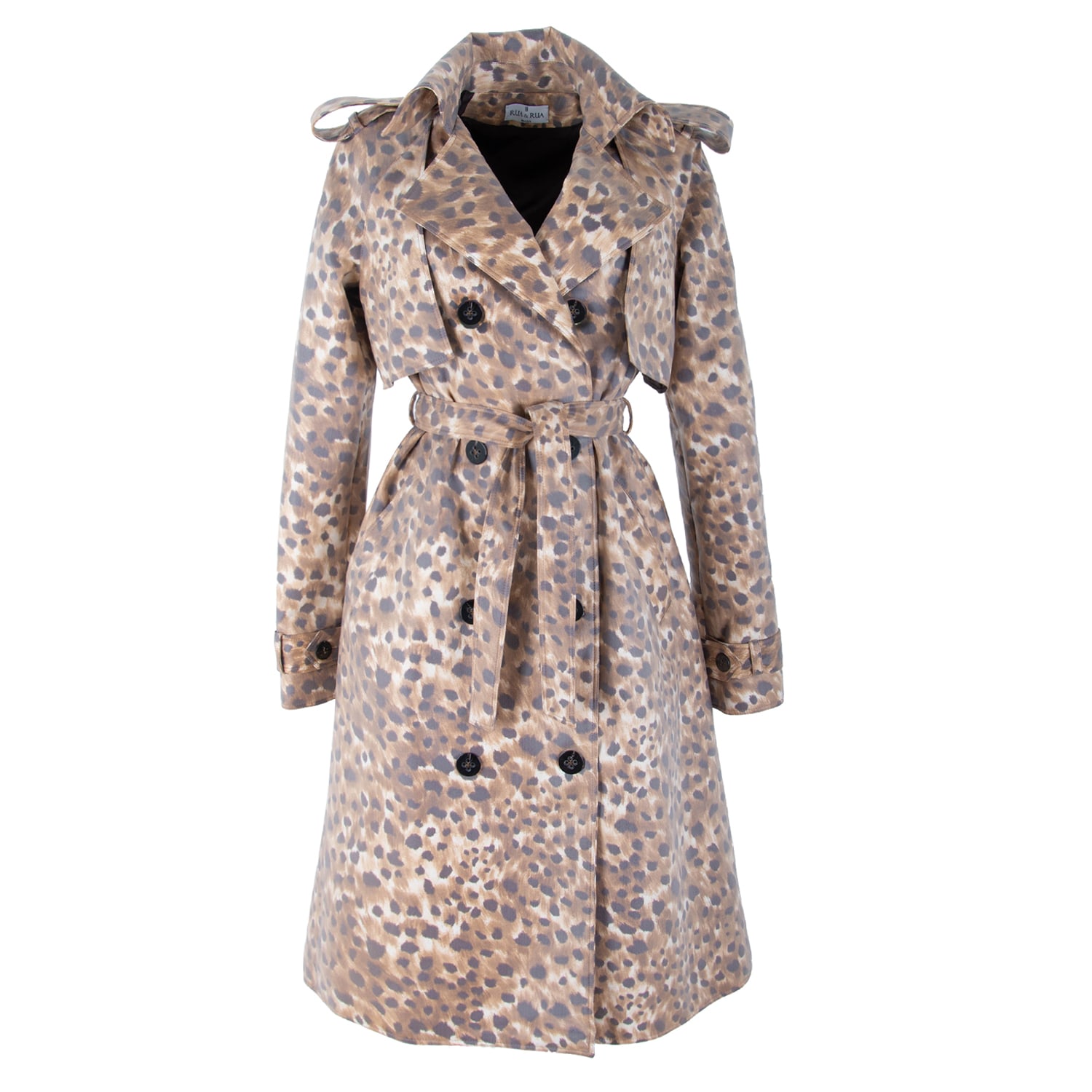 Rua & Rua Women's Brown / Neutrals Coated Cotton Leo Print Double-breasted Trenchcoat In Beige In Brown