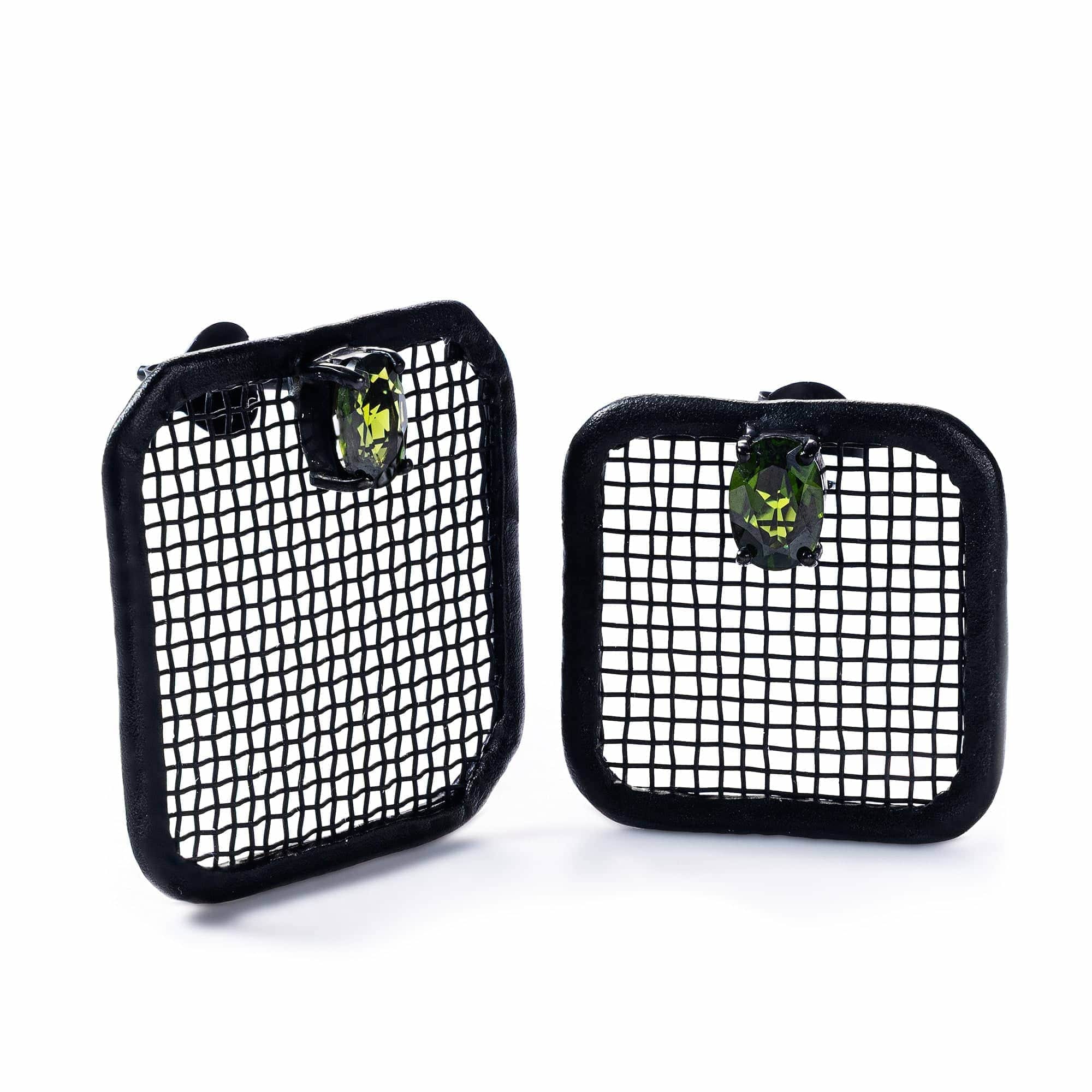 German Kabirski Women's Green / Black Kyros Asymmetric Sterling Silver & Titanium Mesh Earrings With Chrome Diopside