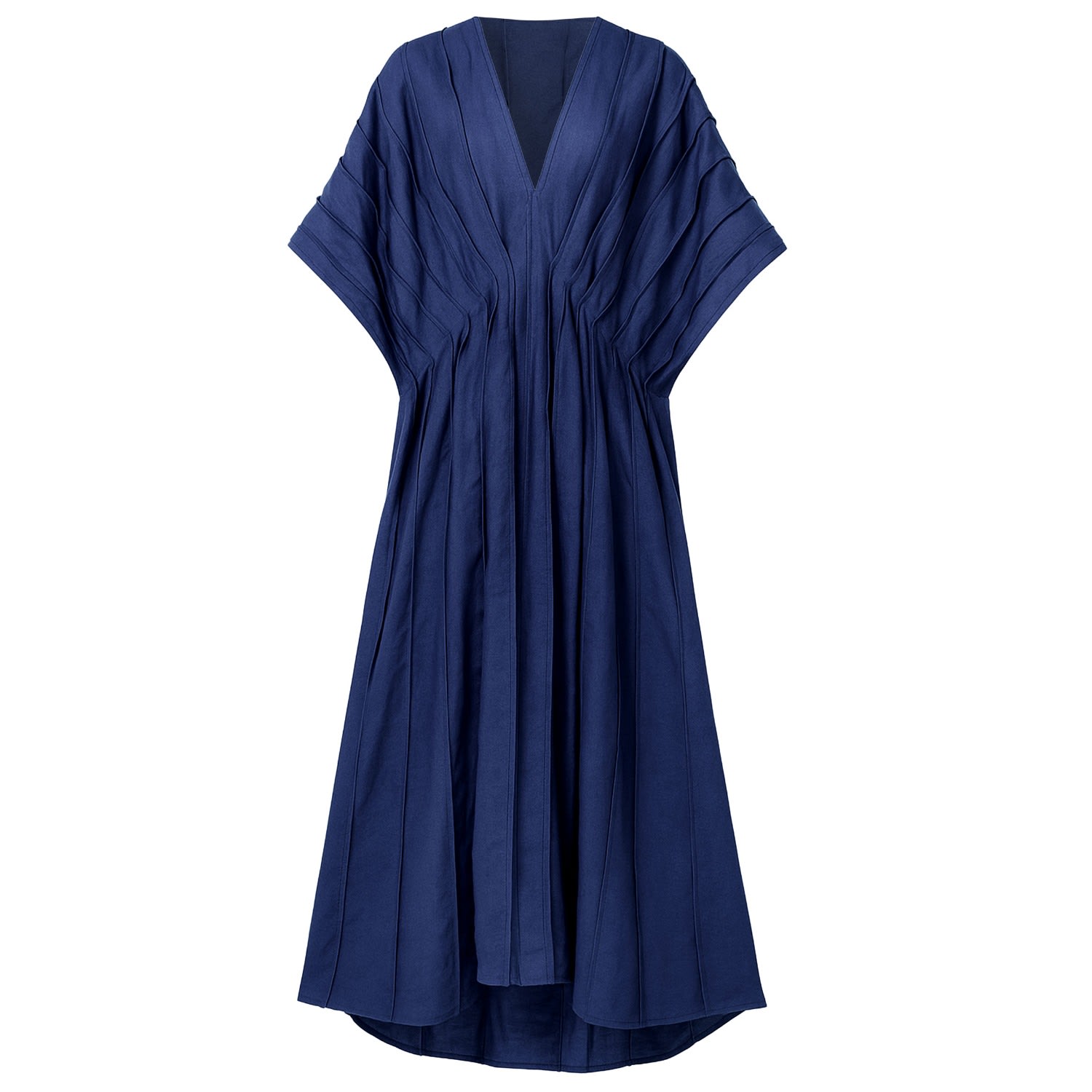 Women's Navy Blue Linen Kaftan Dress - Pleated Designer Caftan | Medium | Kargede