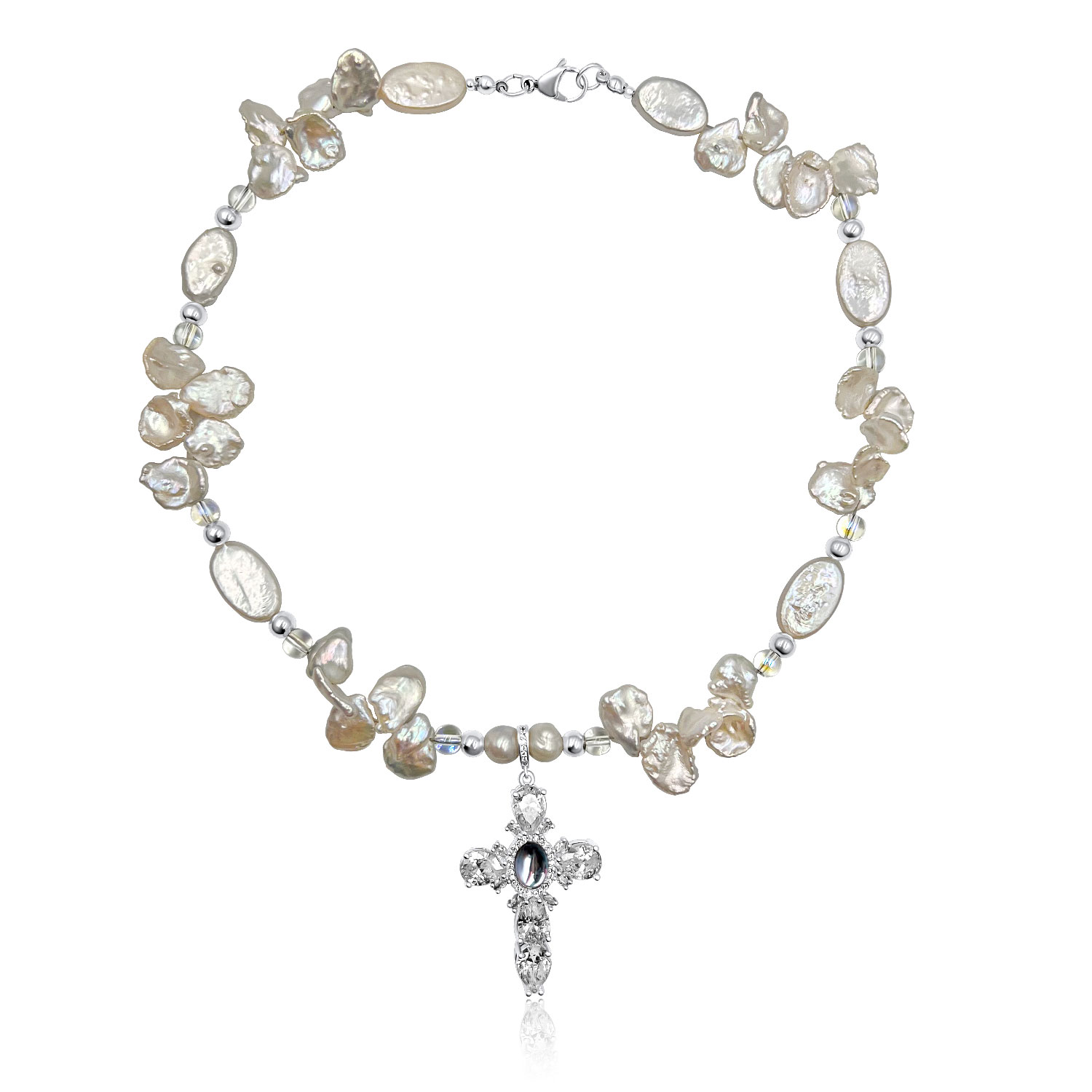 Women’s Pearl And Cross Silver Charm Necklace Androhmeda Jewelry