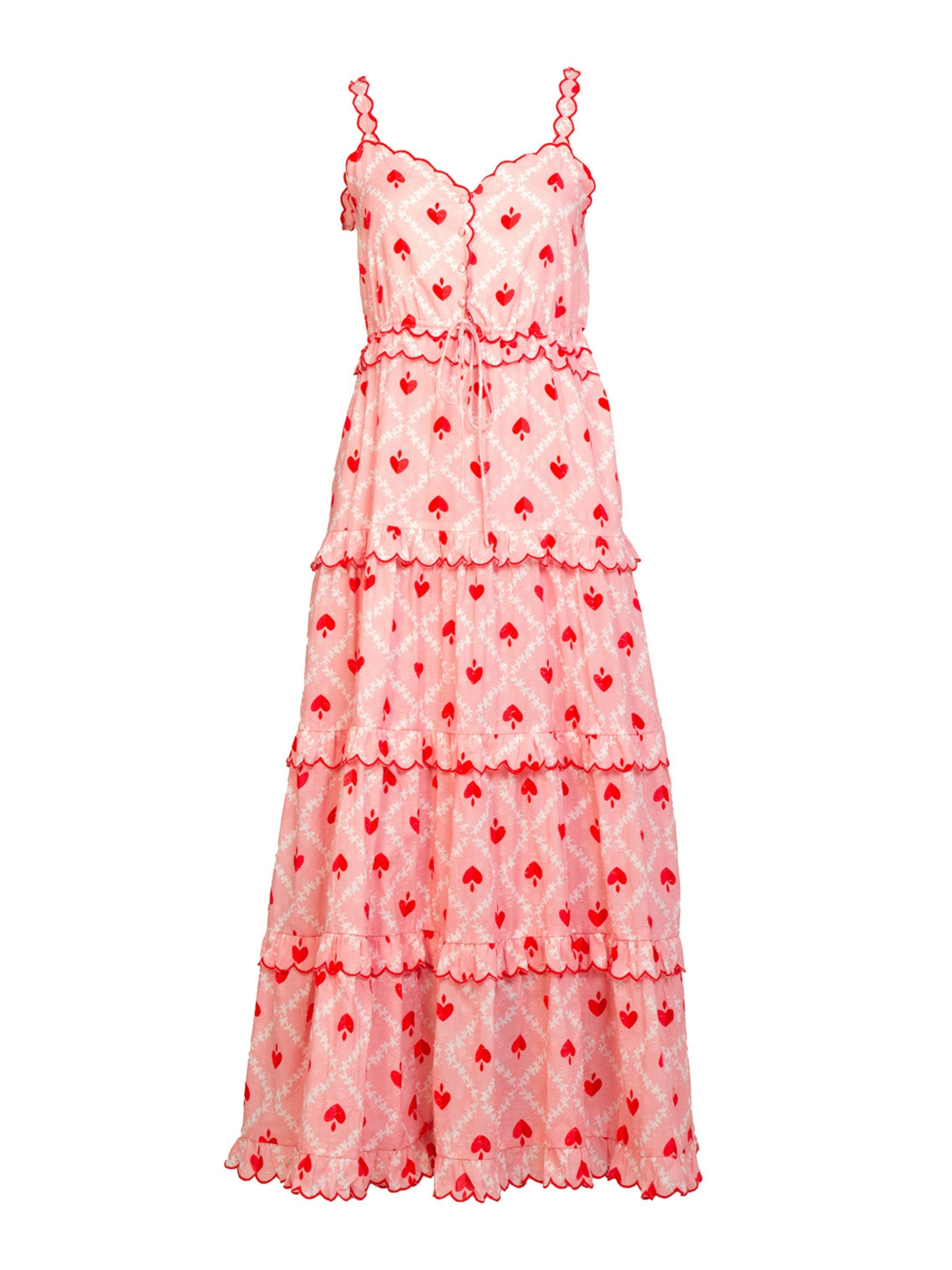Rose & Nancy Women's Pink / Purple / White Alice Pink Red Heart Print Tiered Maxi Dress In Multi