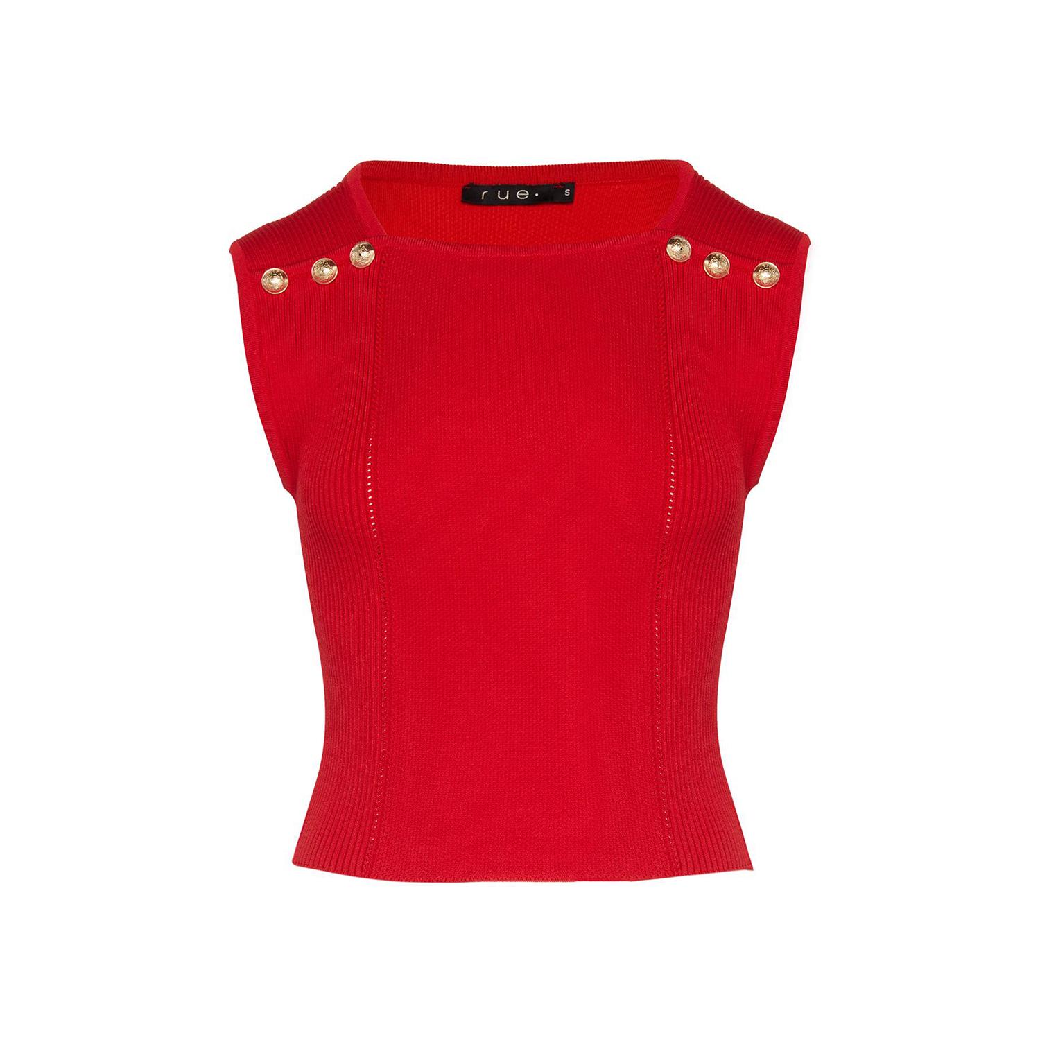 Rue Les Createurs Women's Sleeveless Gold Button Detailed Red Knit Blouse In Red