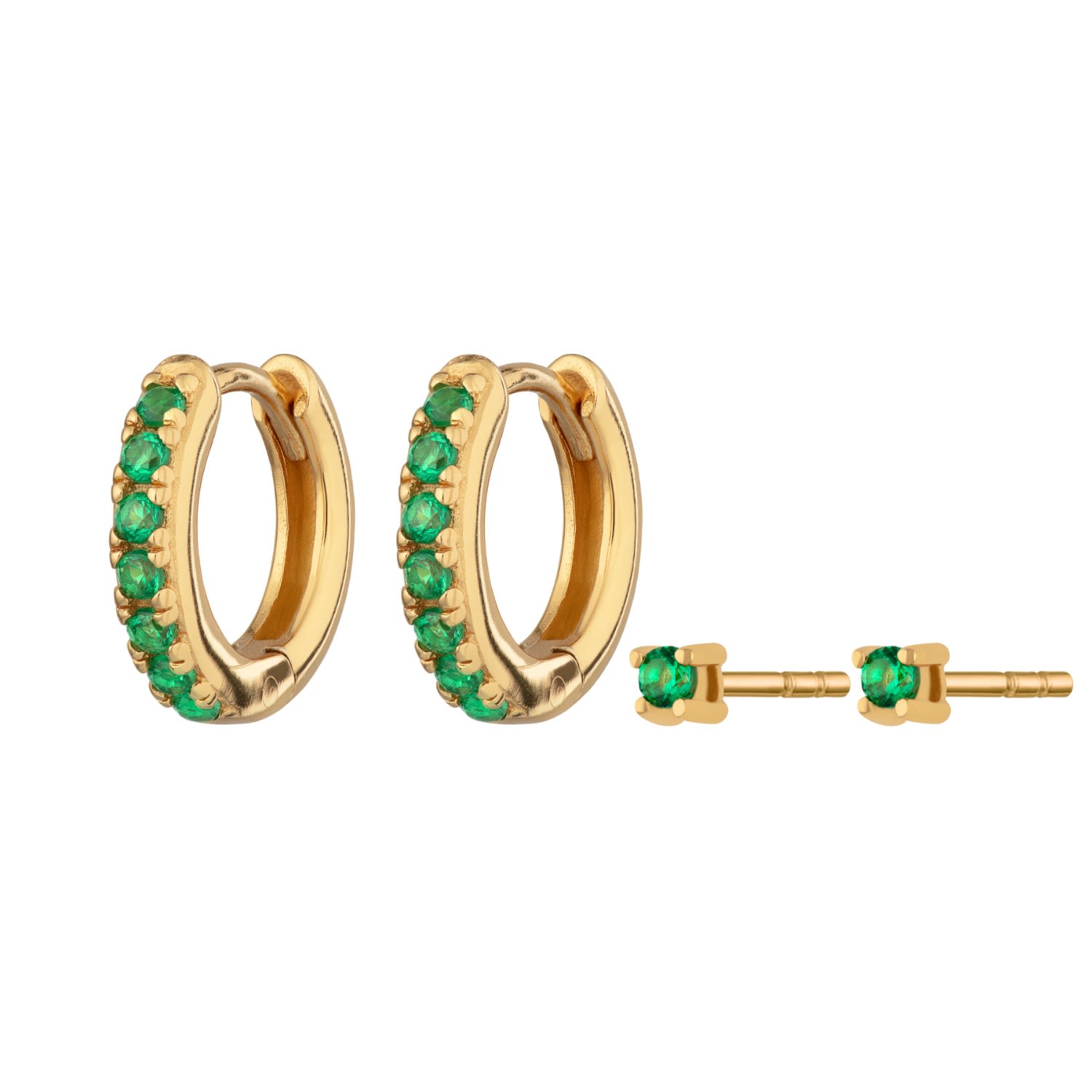 Women’s Gold Green Stone Huggie And Tiny Stud Set Of Earrings Scream Pretty