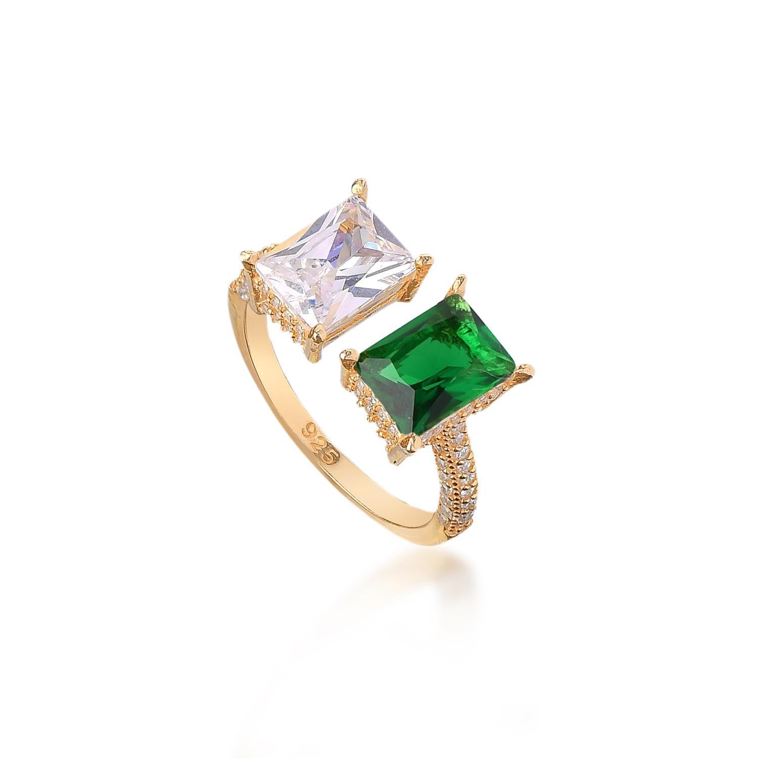 Women’s Gold Emerald And White Cut Ring Adjustable Pave Stone By Eda Dogan