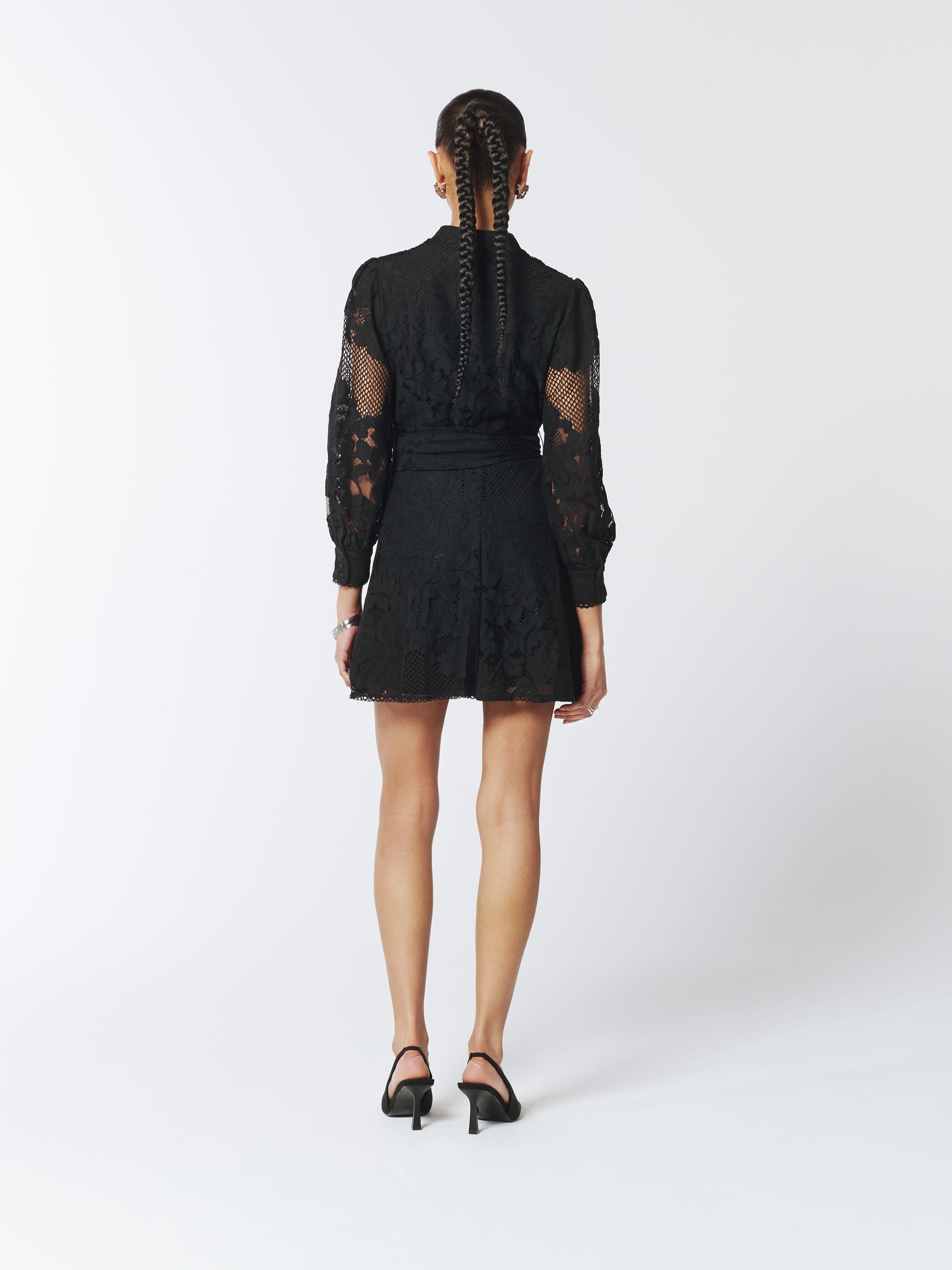 Sheer Lace Long Sleeve Mini Dress In Black | SOUR FIGS | Wolf & Badger