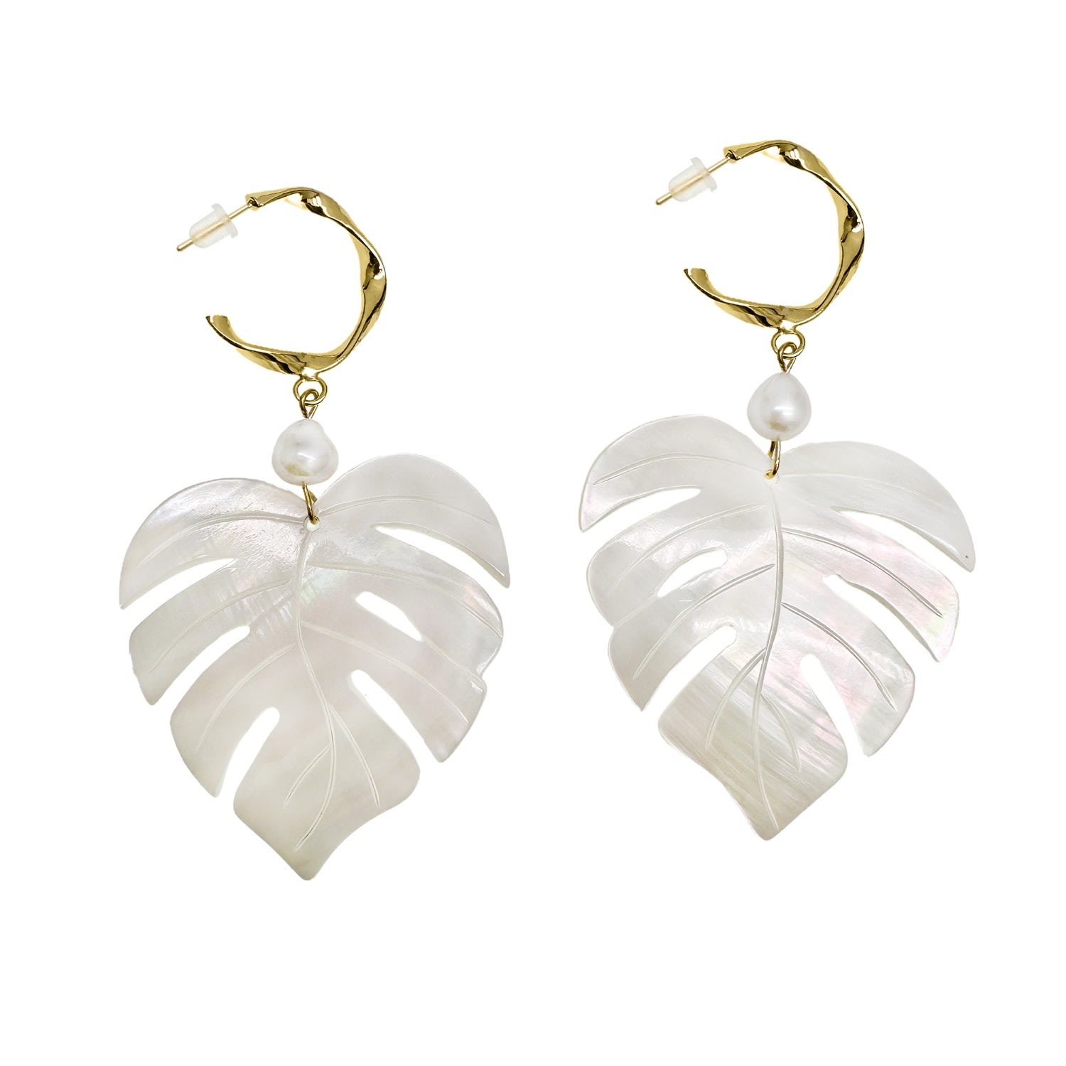 Farra Women's White Leaves Shaped Shell With Pearls Chunky Earrings In White