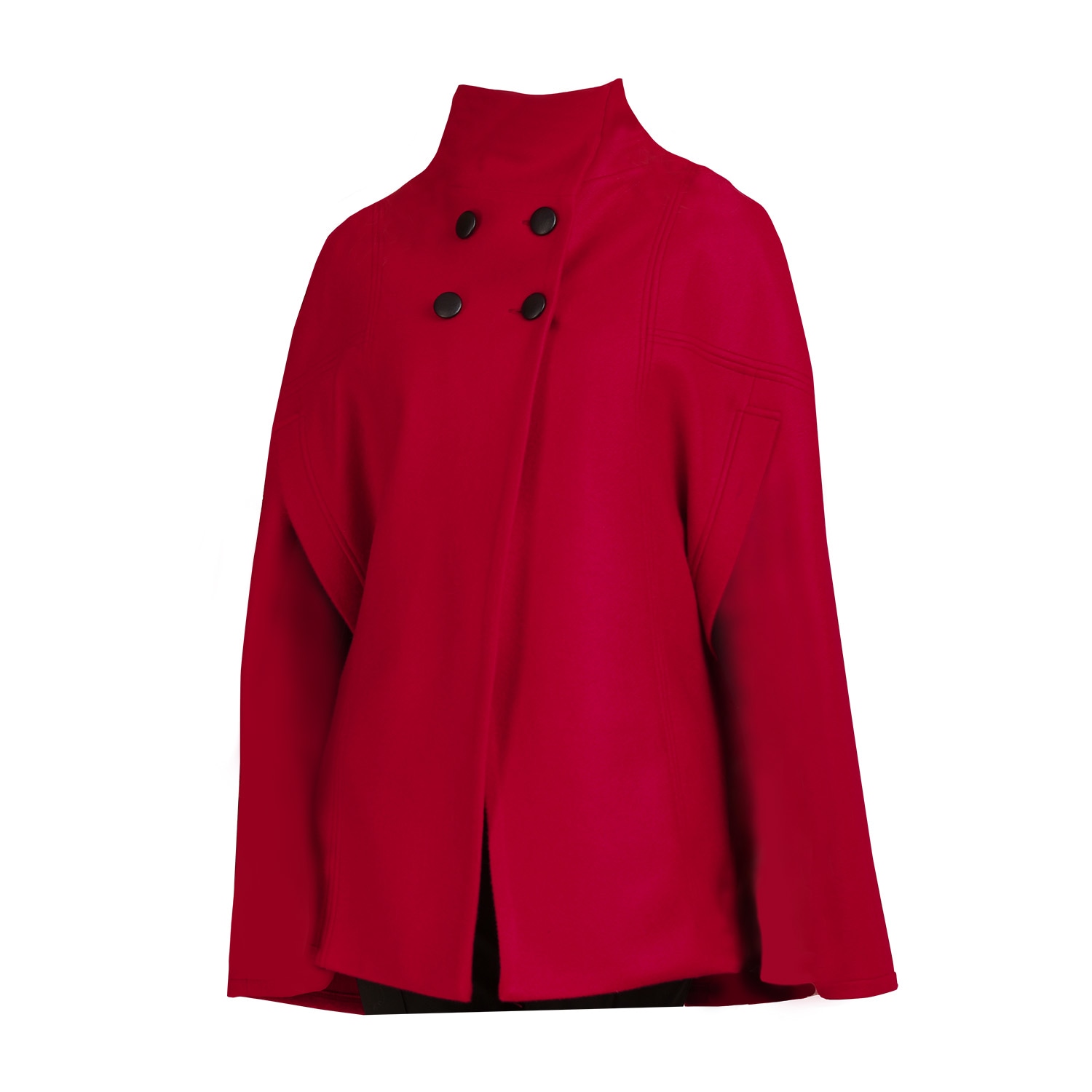 Women’s Red Wool Poncho Cloak Coat With Buttons & High Neck In Raspberry Color Extra Large Nikka Place