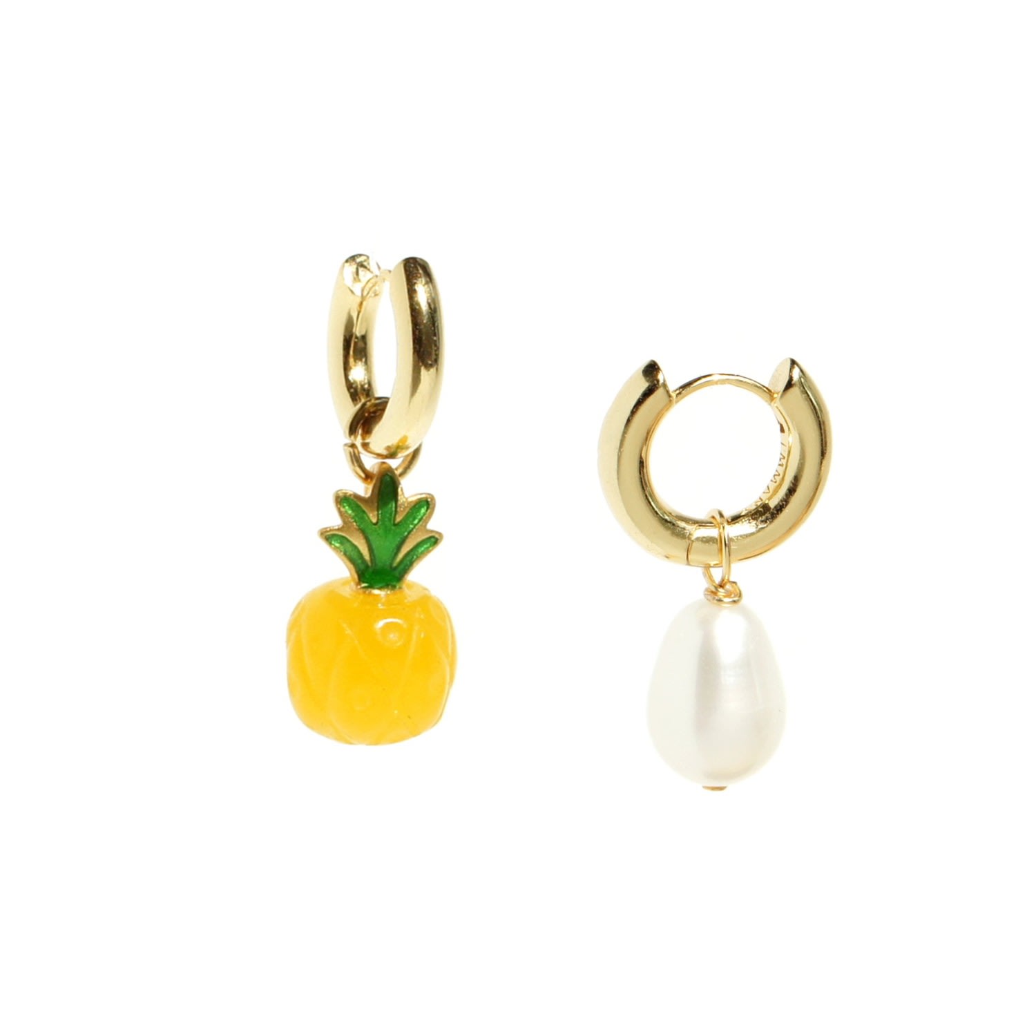 Women’s Yellow / Orange Organic Fruit & Pearl Asymmetrical Hoop Earrings, 18K Gold Vermeil, Jade Pineapple I’mmany London