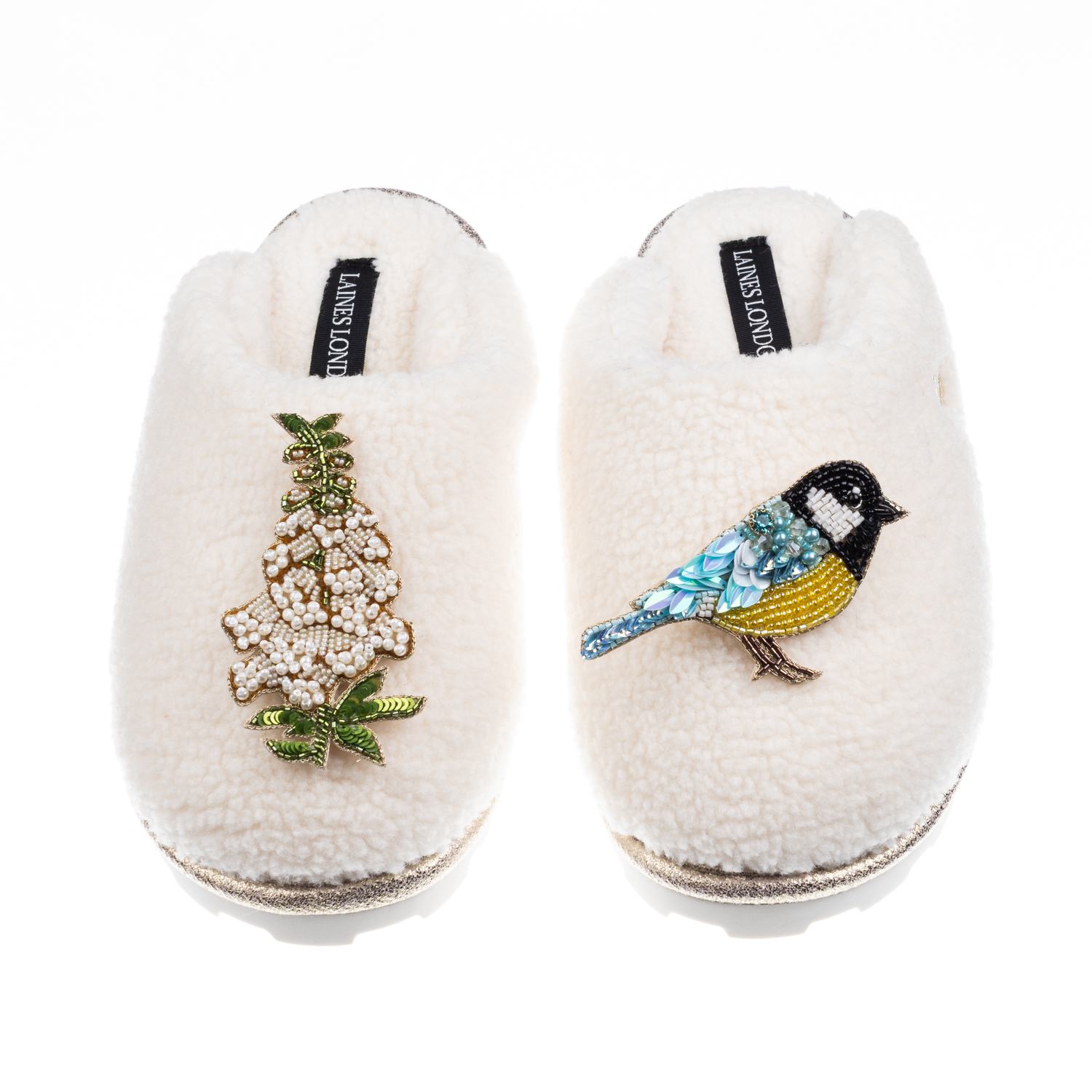 Laines London Women's White / Neutrals Teddy Closed Toe Slippers With Blue Tit & White Foxglove Brooches - Cream In White