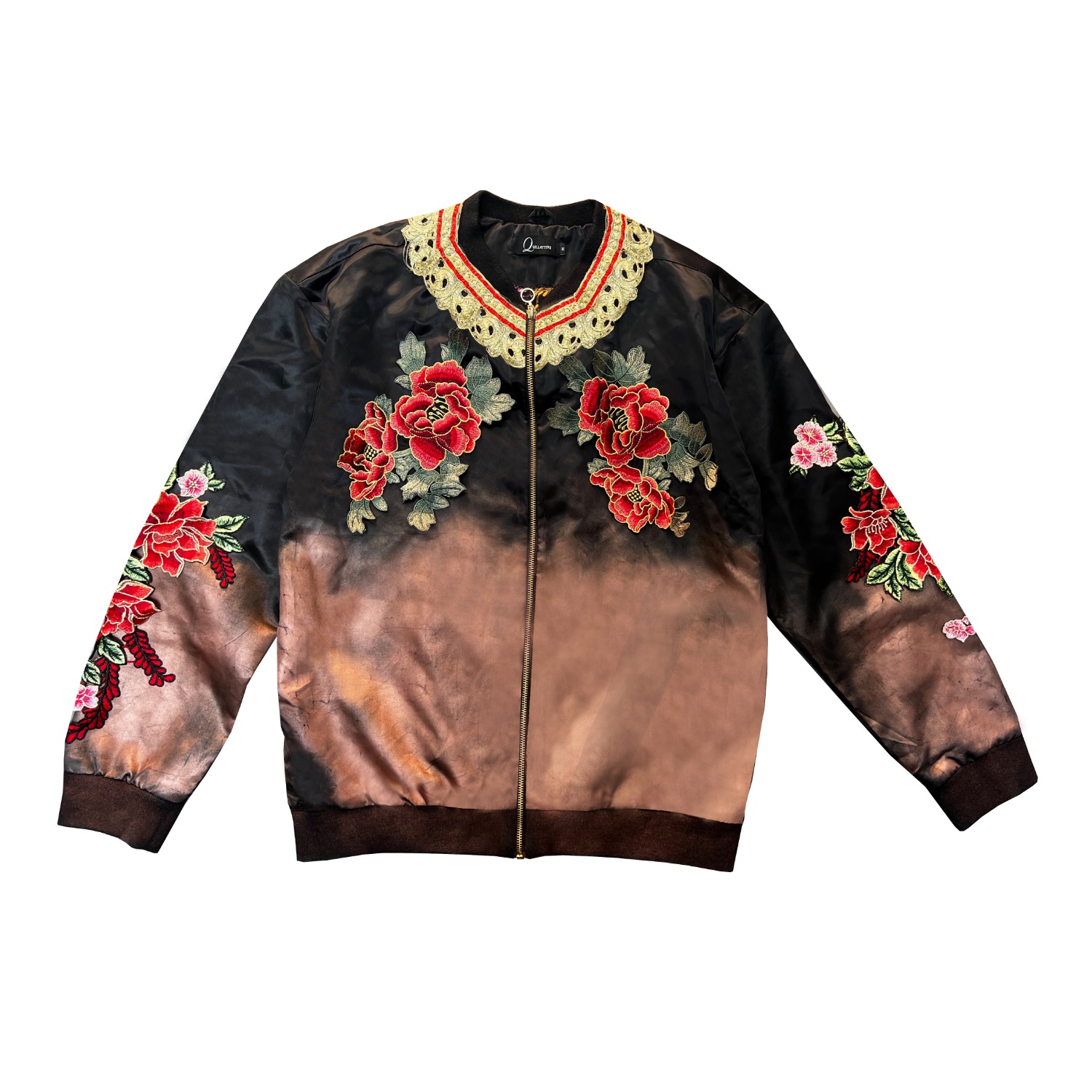 Black Rose Gold Ombre Red Flower Embroidered Jacket
