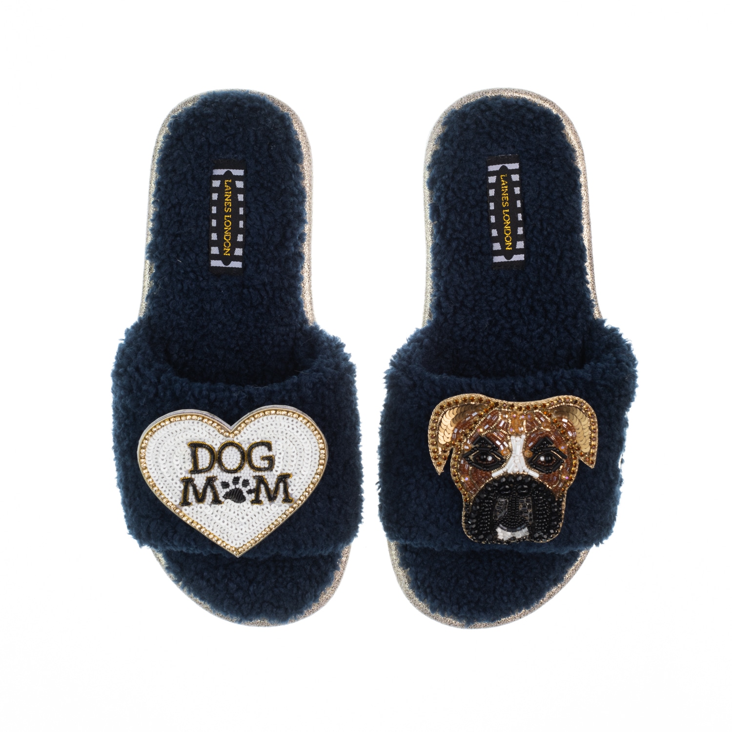 Laines London Women's Blue Teddy Toweling Slippers With Pip The Boxer & Dog Mum /mom Brooches - Navy In Blue