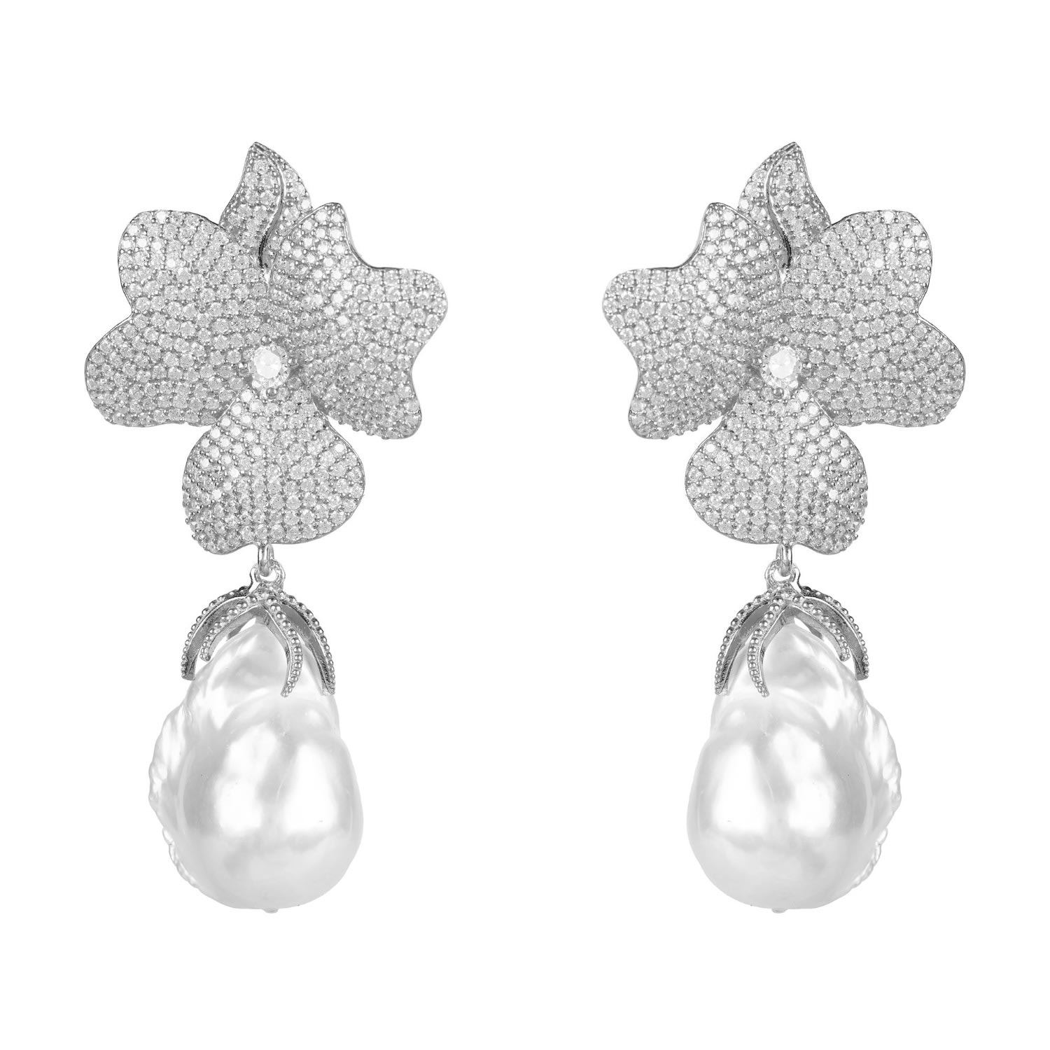 Women’s Silver / White Baroque Pearl White Flower Drop Earrings Silver Latelita