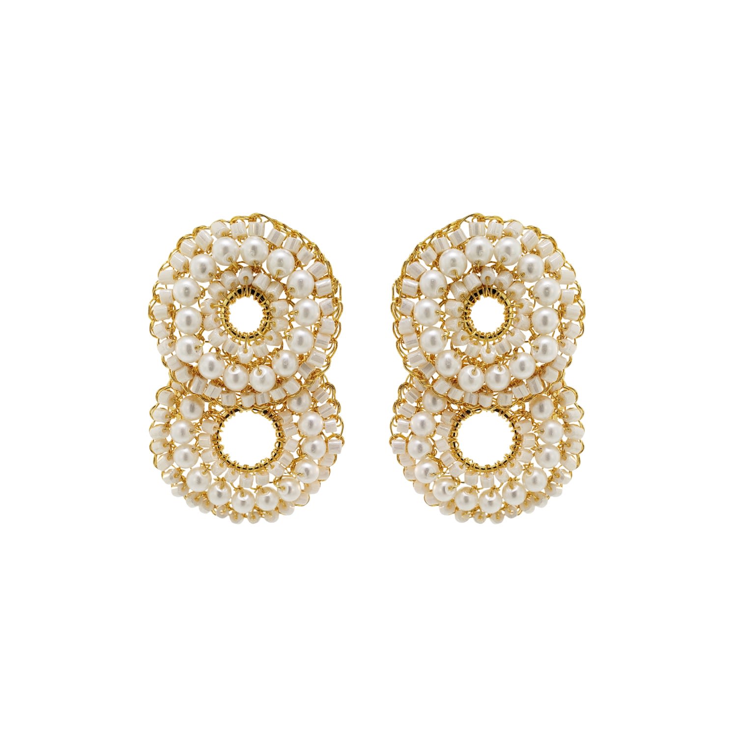 Lavish By Tricia Milaneze Women's Gold / White Pearl & Gold Gush Small Handmade Crochet Earrings