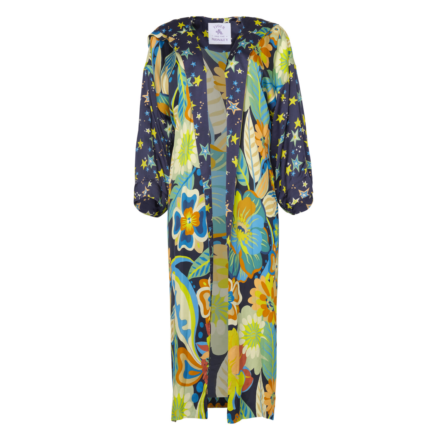 Women's Blue The Emma Ecovero Viscose And Silk Floral And Stars Coverup Robe Coat | Medium | Tiger and the Monkey