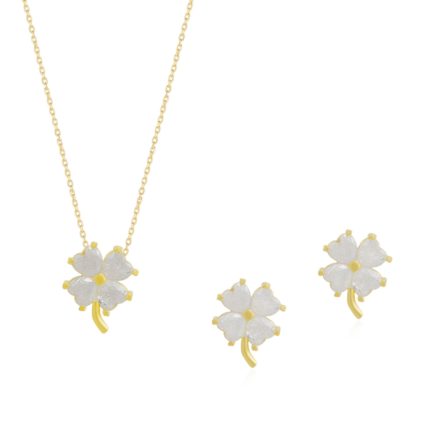 Women’s Gold / White Four Leaf Clover Sterling Silver Necklace & Earring Set - White - Gold Spero London