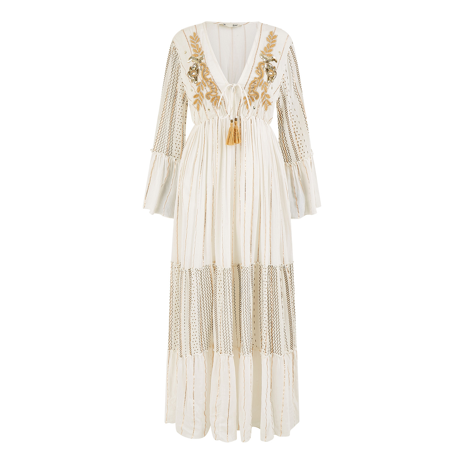 Yumi Women's  White Metallic Embellished Maxi Dress With Long Sleeves