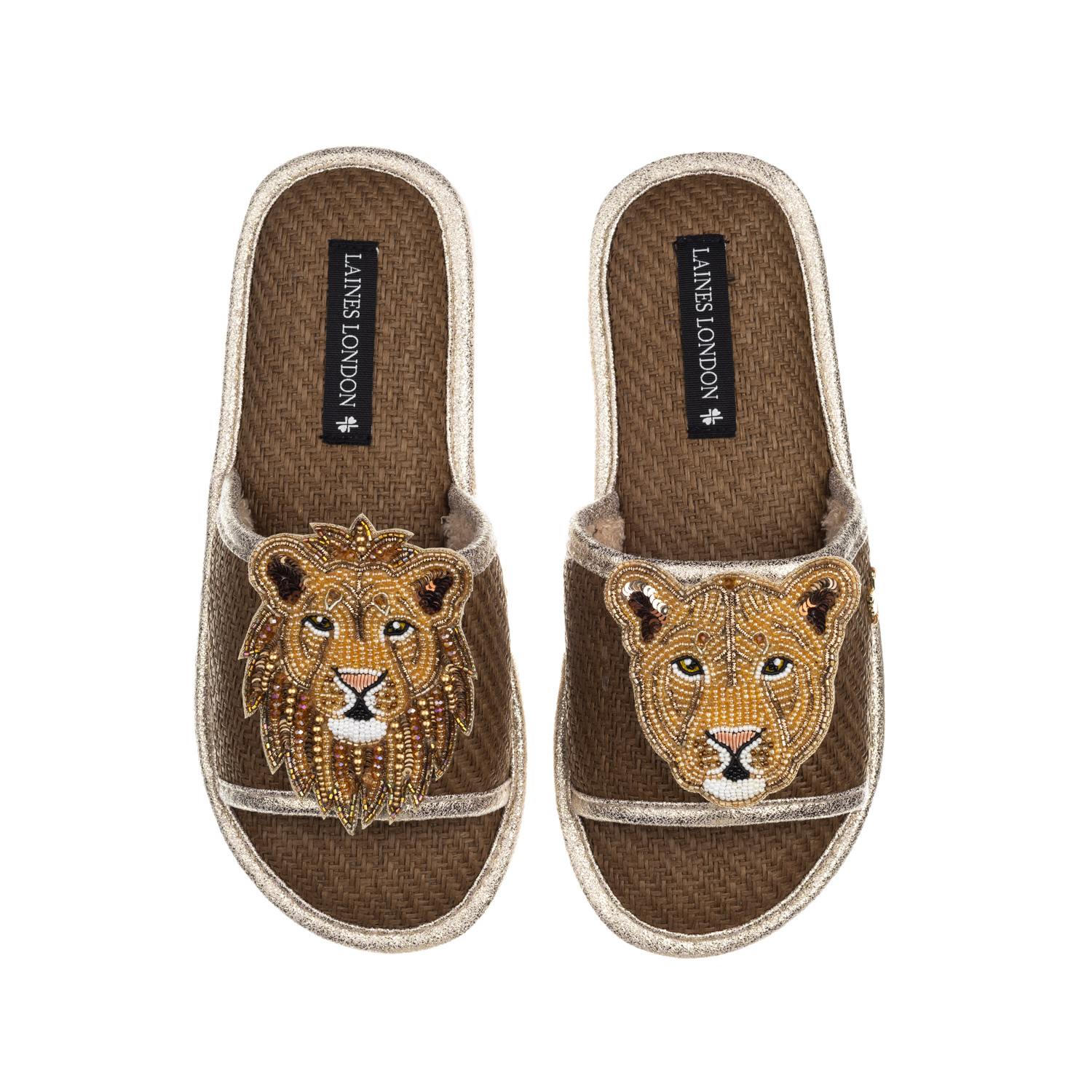 Laines London Women's Brown Straw Braided Sandals With Lion & Lioness Brooches - Caramel In Brown