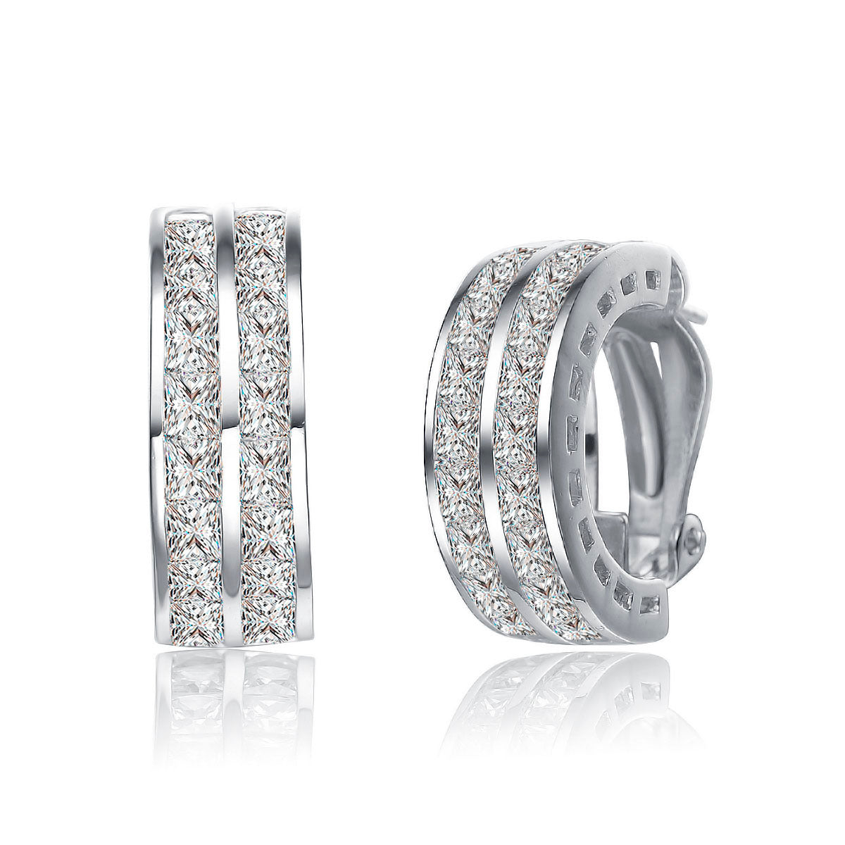 Women’s White Sterling Silver Clear Cubic Zirconia Two-Row Hoop Earrings Genevive Jewelry