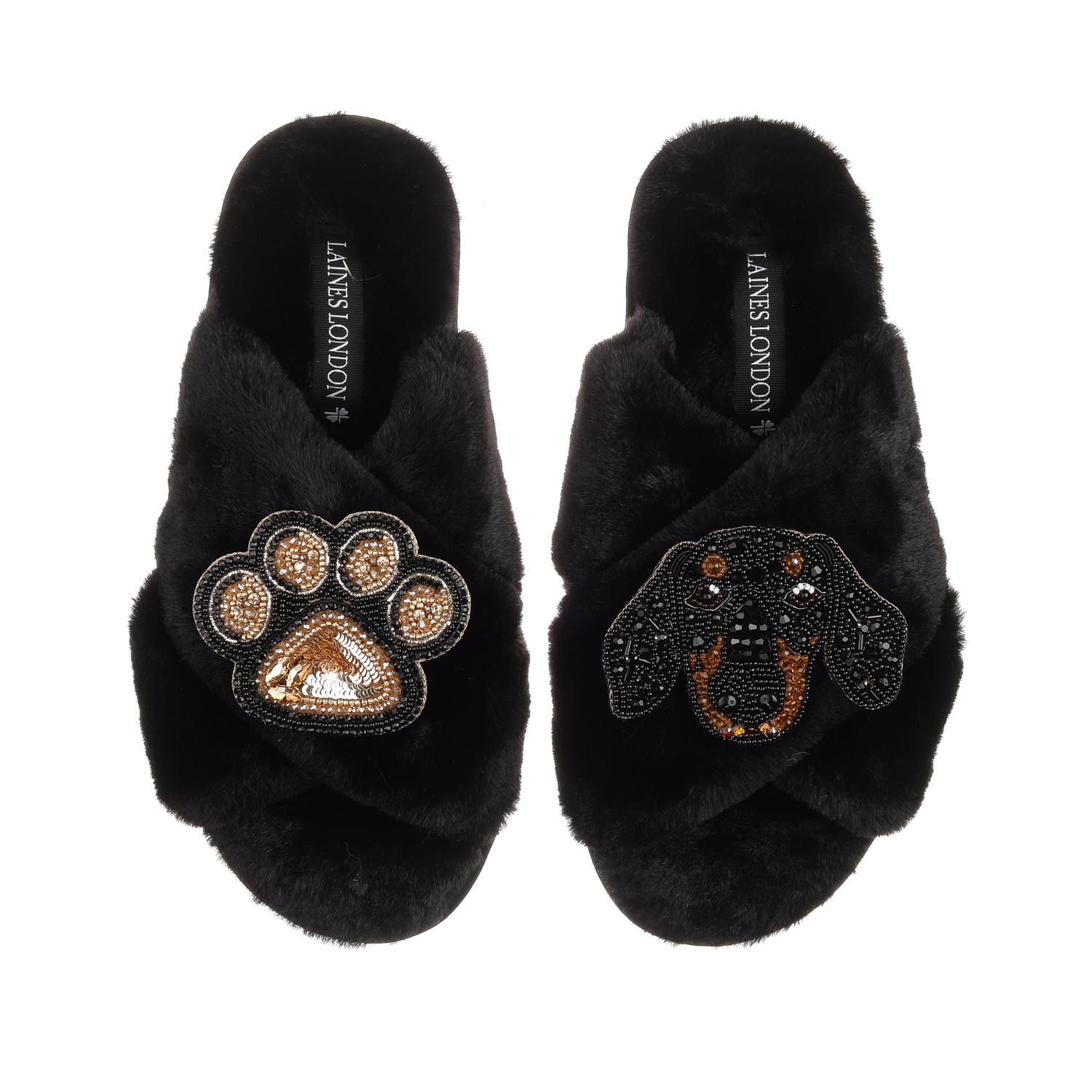 Laines London Women's Classic Laines Slippers With Artisan Little Sausage & Paw Brooches - Black In Black