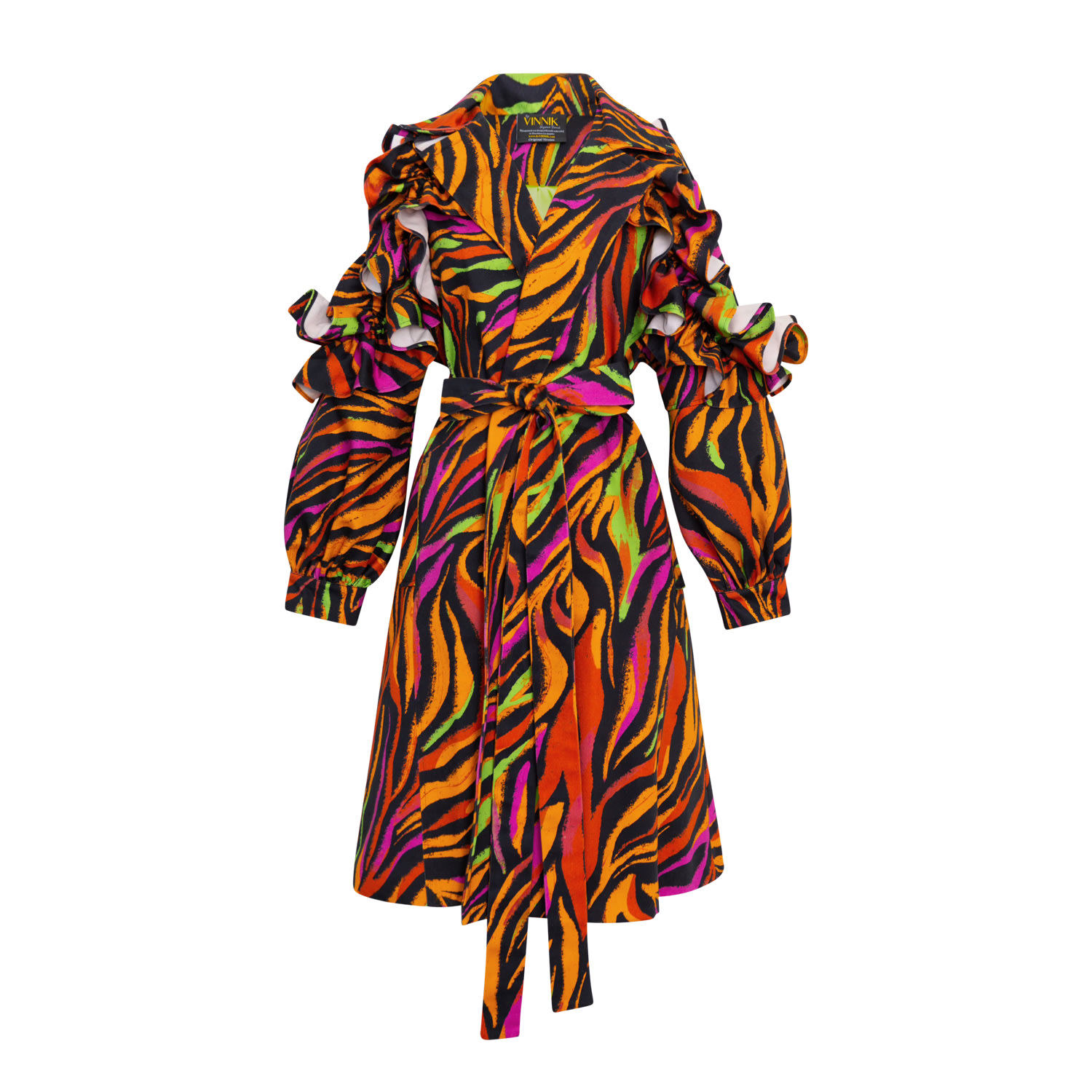 Byvinnik Women's Pink / Purple / Yellow Ruffle Trench Coat In Prisma Tigre In Yellow/orange/pink