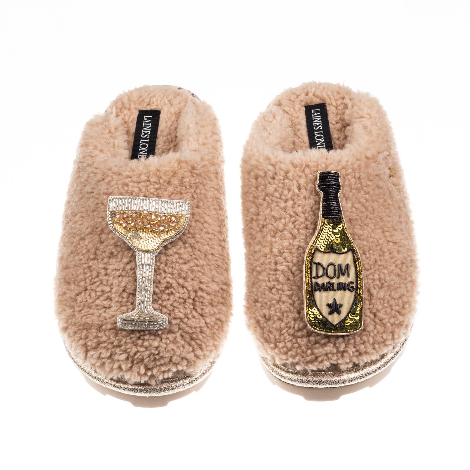 Laines London Women's Brown / Neutrals Teddy Closed Toe Slippers With Dom Darling Champagne Brooches - Toffee In Brown