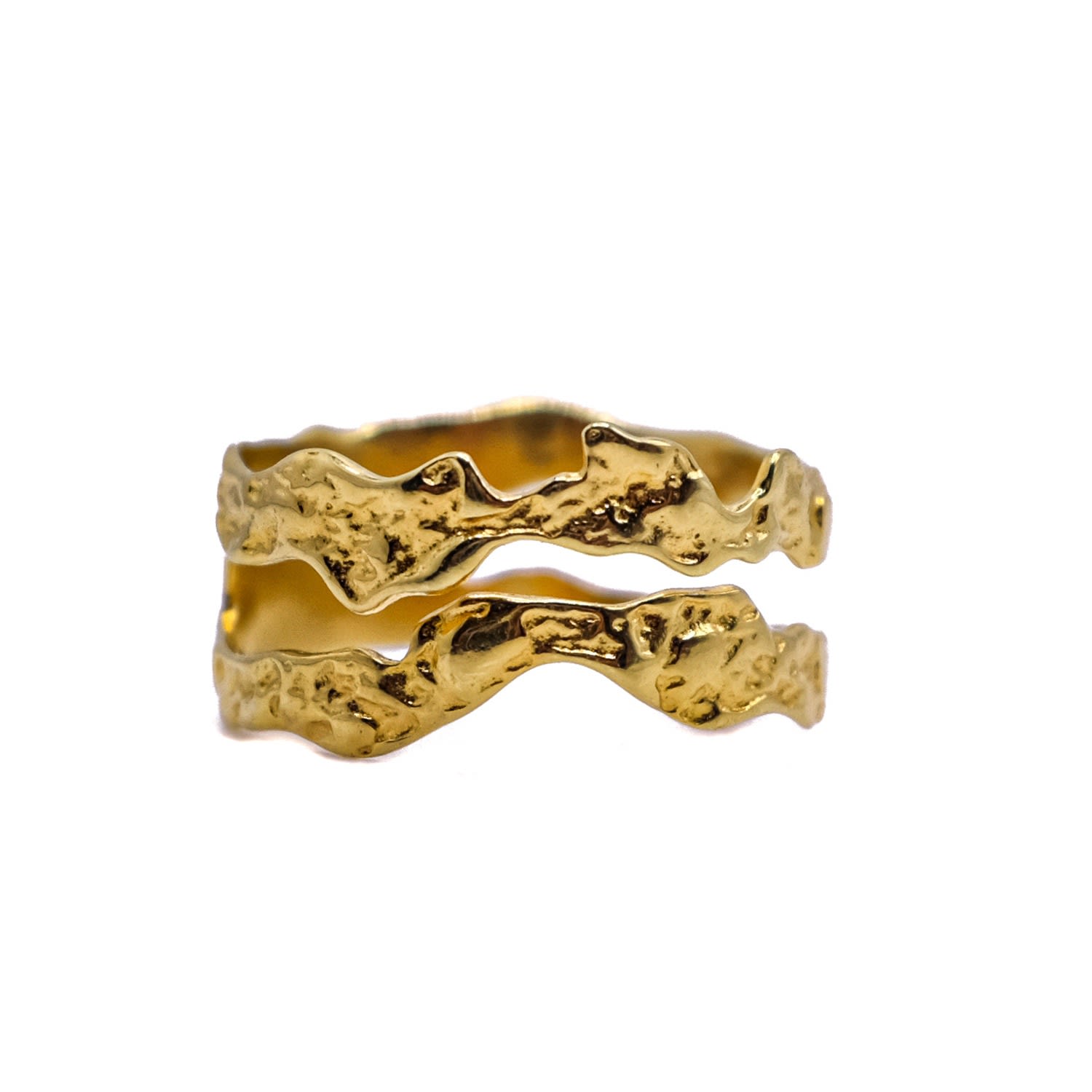 Women’s Double Band Hammered Lava Ring - Gold Aaria London