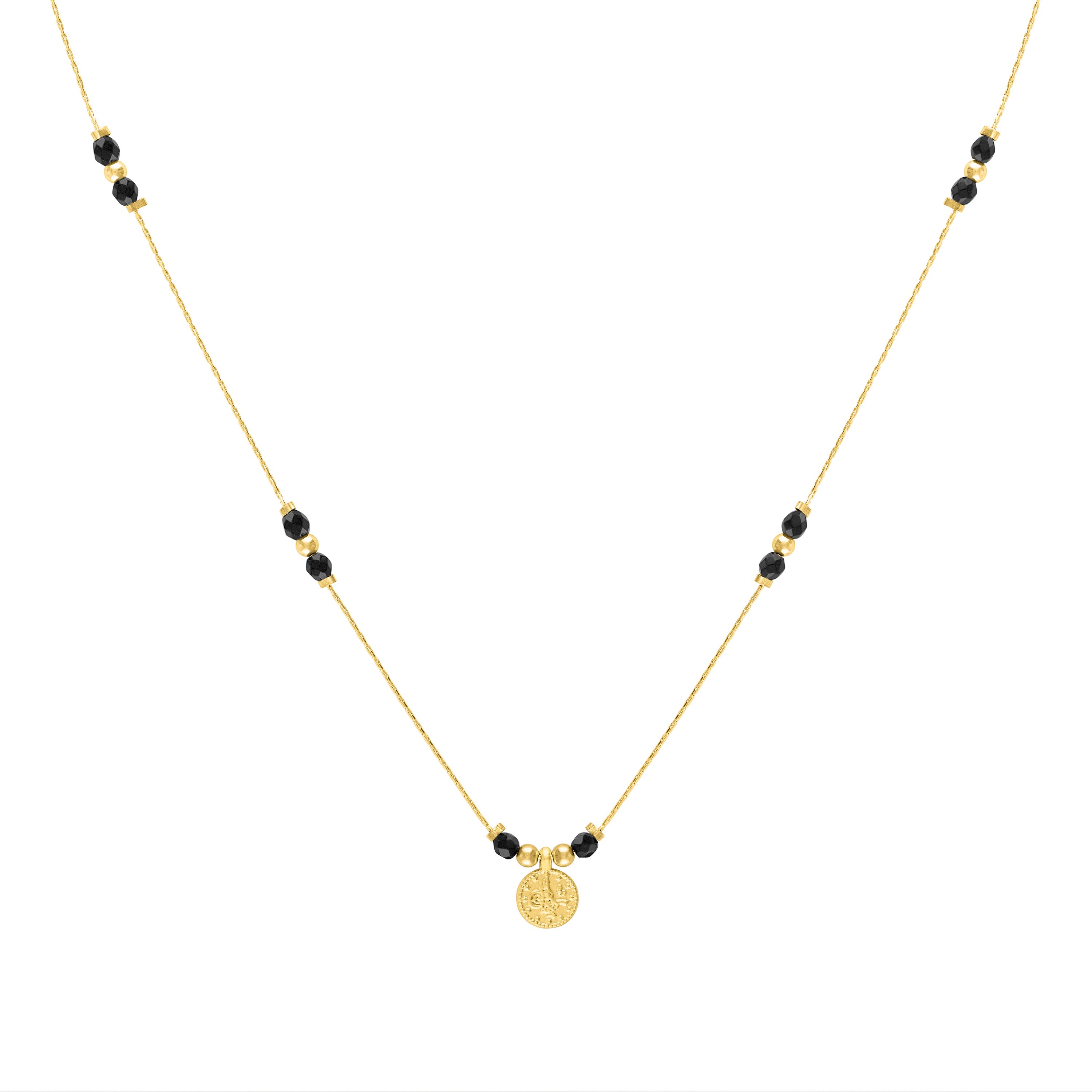 Olivia Le Journey Black Onyx Beaded Necklace With Coin In Gold
