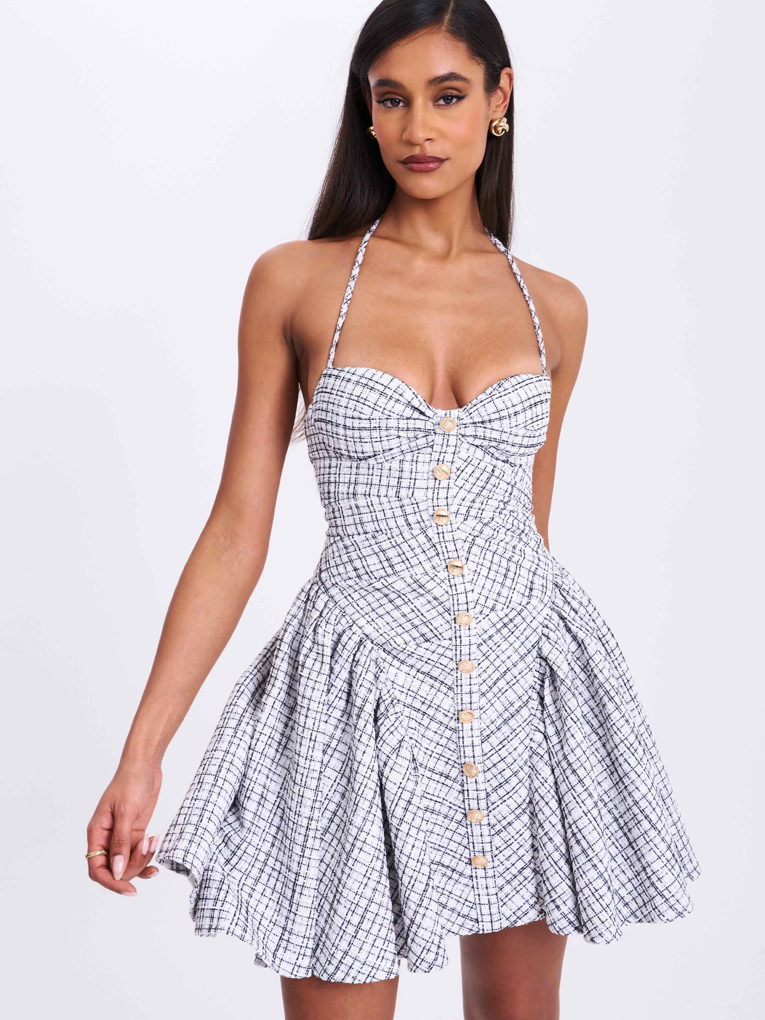 Melody Black & White Plaid Tweed Halter Drop Waist Mini Dress