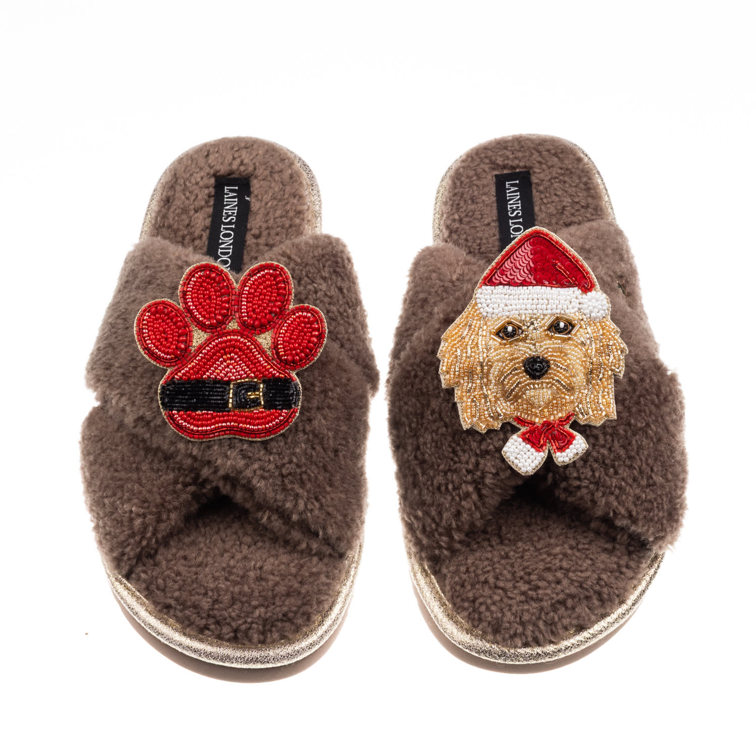 Laines London Women's Brown / Neutrals Laines Boucle Slippers With Christmas Golden Cavapoo & Paw Brooches - Mink In Brown