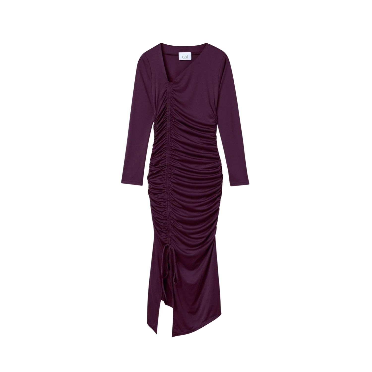Dal The Label Ruched Asymmetric Midi Dress In Raisin In Pink/purple