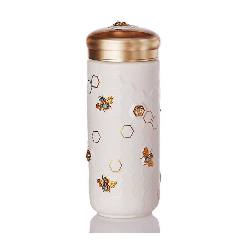 Acera Gold / White Honeybee Travel Mug With Crystals - White And Hand Painted Gold Bees