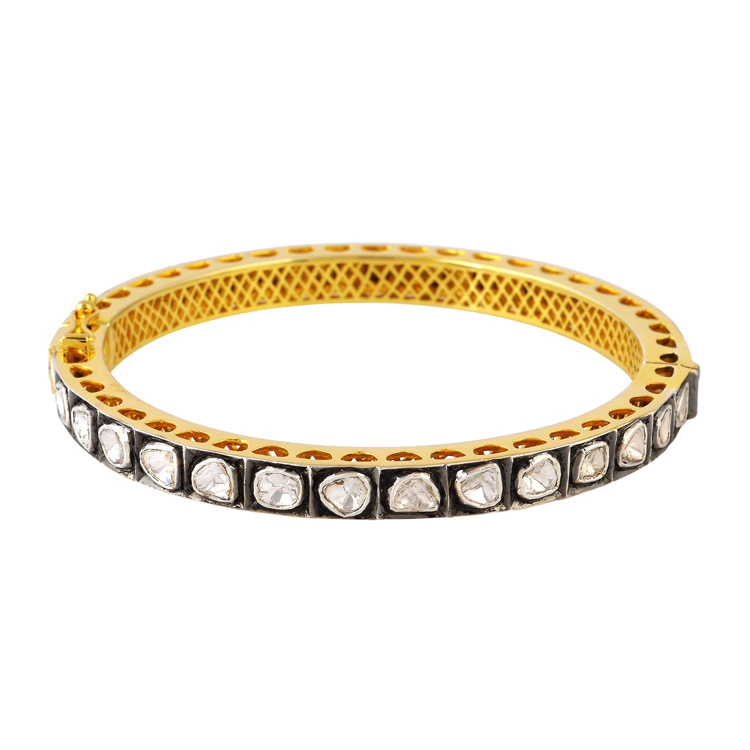 Women’s White / Gold Natural Rose Cut Diamond & 18K Gold 925 Silver Handmade Bracelet Bangle Artisan