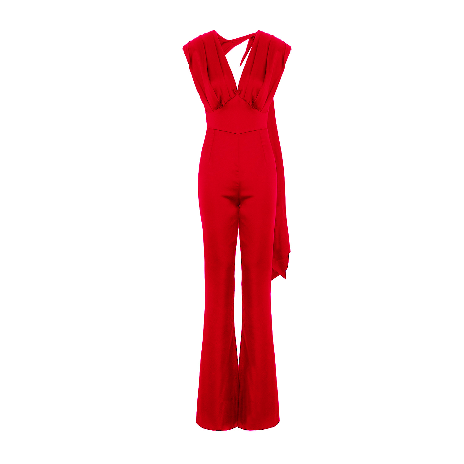 Bluzat Women's Elegant Red Draped Jumpsuit With Flared Legs