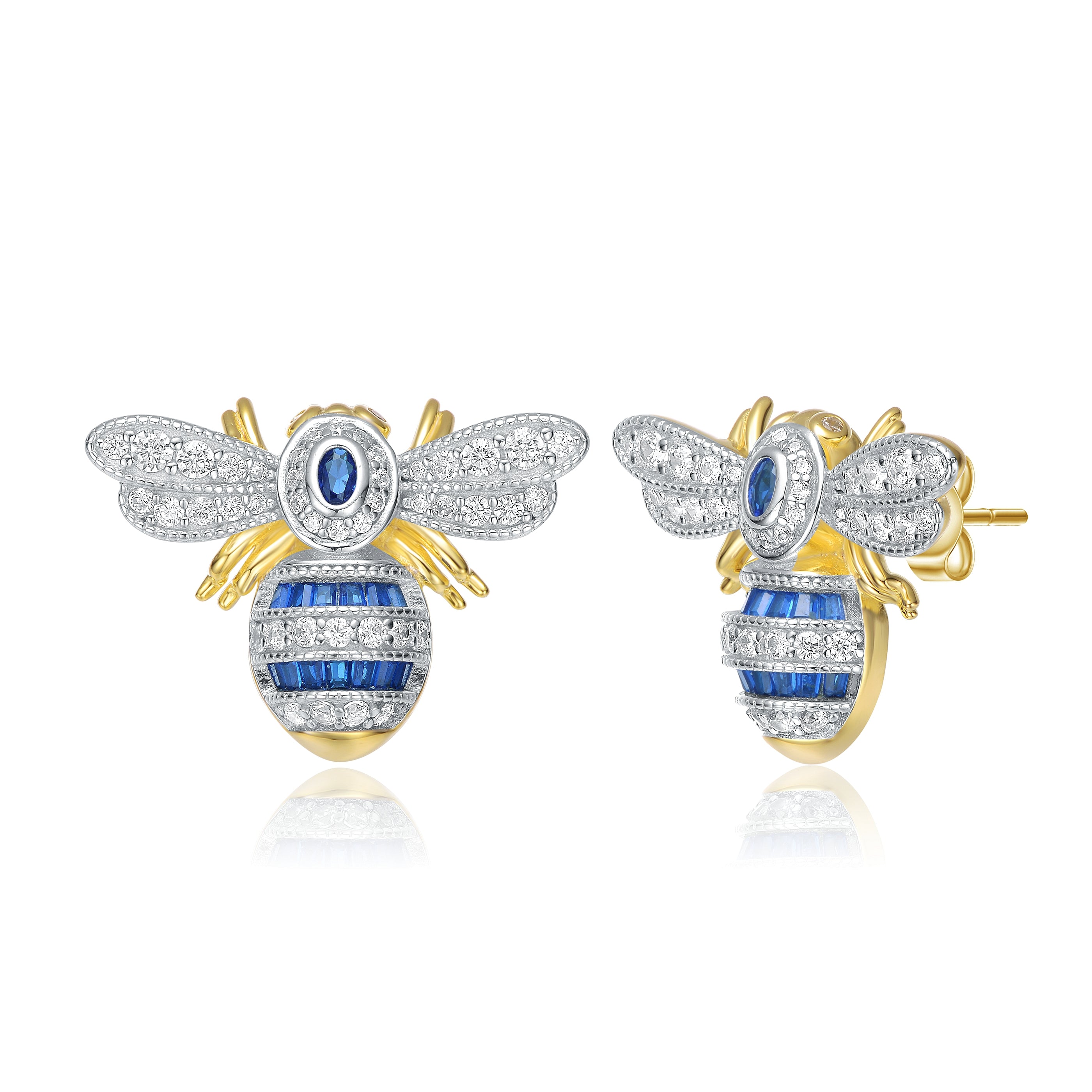 Women’s White / Gold / Blue Sterling Silver Yellow Gold Plated With Blue Sapphire & Cubic Zirconia Wasp Stud Earrings Genevive Jewelry