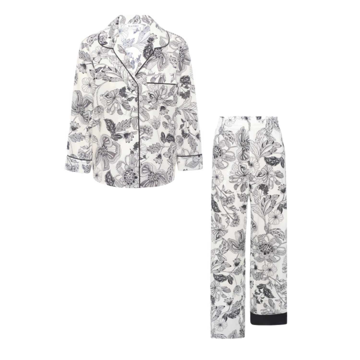 Katro Women's Black / White Broad Beach Noire Floral Cotton Pajamas In Black/white