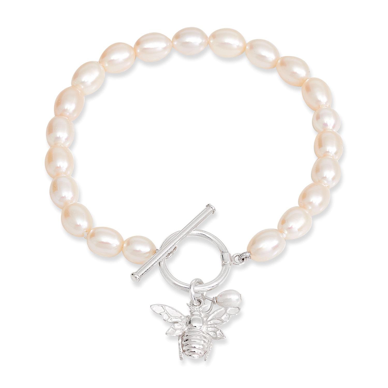 Pearls Of The Orient Online Women's Silver / White Vita Cultured Freshwater Pearls Bracelet With Silver Bumble Bee In Multi