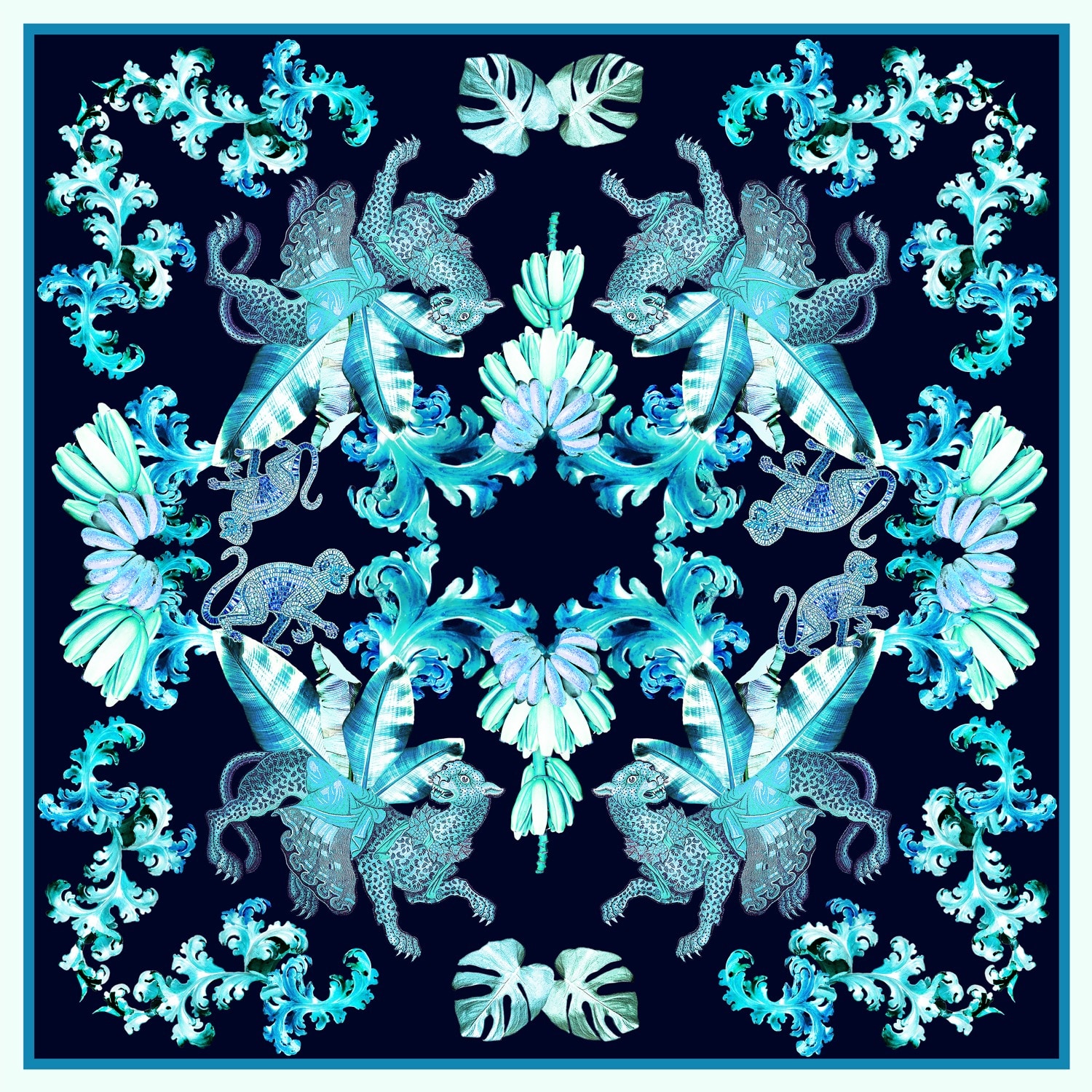 Women’s Blue Aqua Jungle Large Square Silk Scarf Cassandra Hone