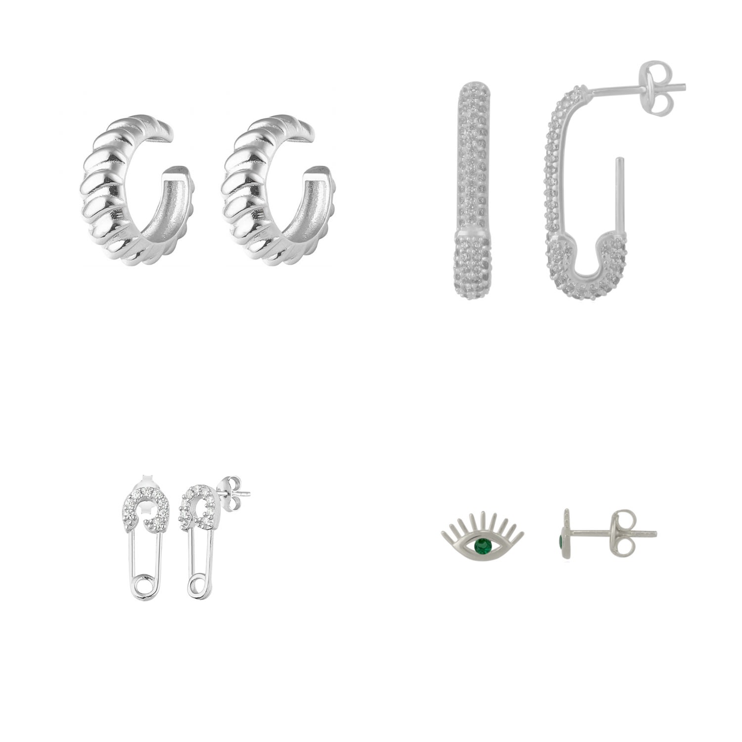 Spero London Women's Sterling Silver Safety Pin Stud Croissant Ear Cuff & Emerald Evil Eye Earring Set - Pair - S